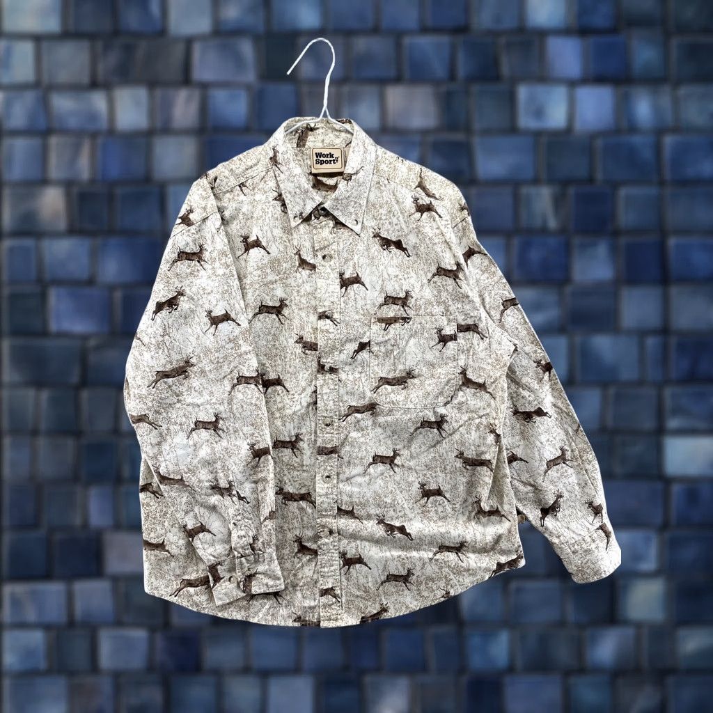 Vintage Work n' Sport Deer Print Button-Down Shirt Long Sleeve L Brown Flannel Cotton Men’s Casual, Workwear, Travel Size US L / EU 52-54 / 3 - 1 Thumbnail