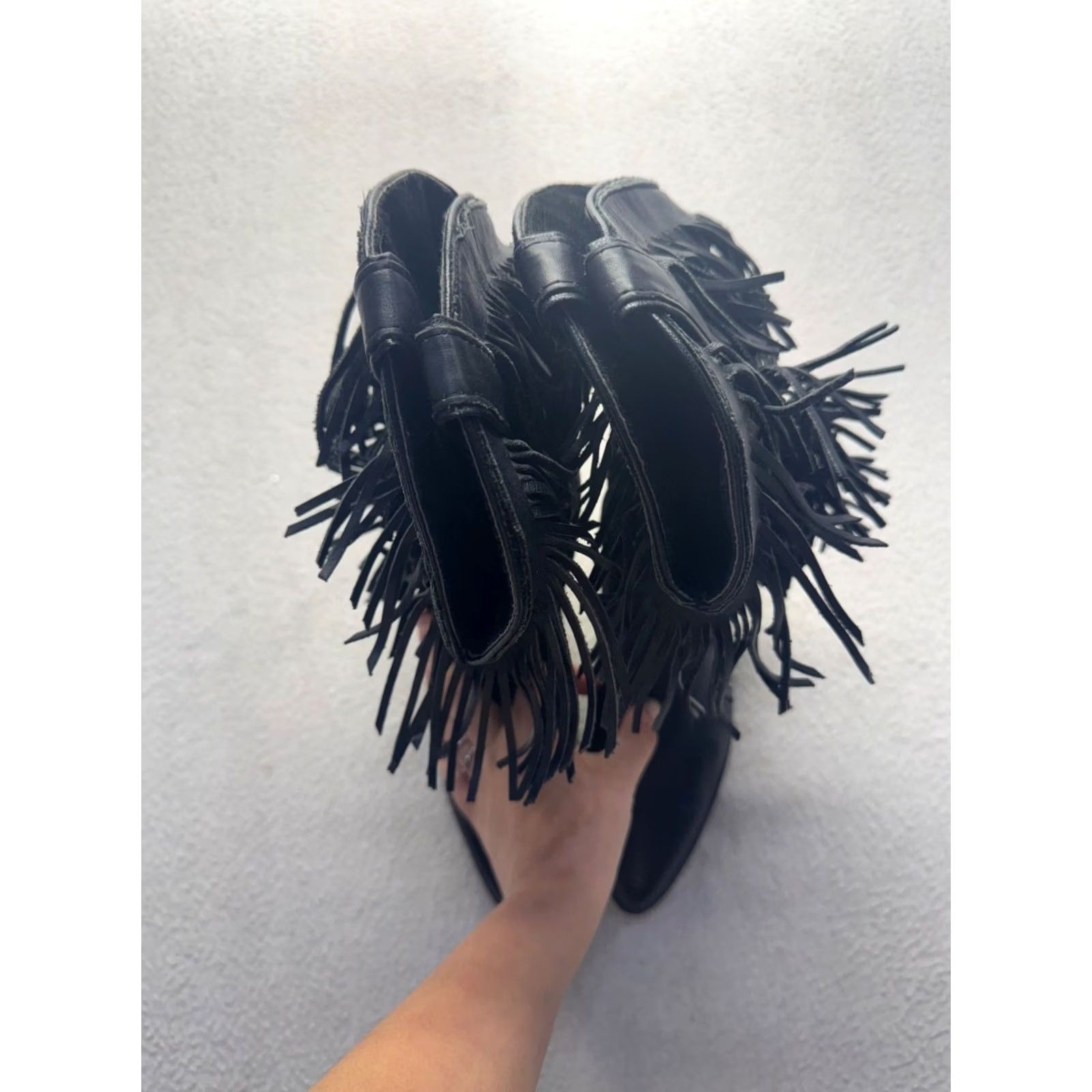 Vintage VINTAGE Black Fringe Leather Western Cowboy Boots Pointed Toe Low Heel Womens 8 Pre-Owned Good Accessories Fringe Western Leather 9812 Size US 8 / IT 38 - 3 Thumbnail