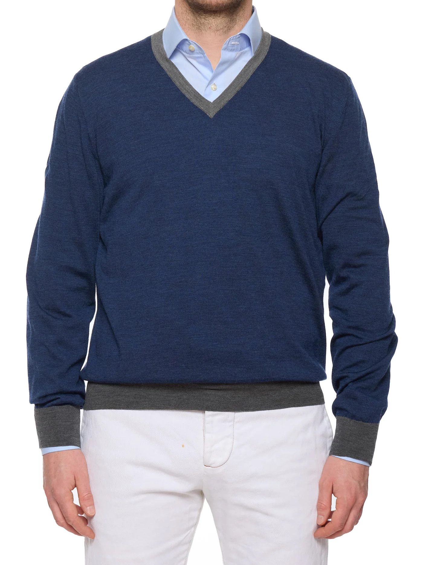 Brunello Cucinelli BRUNELLO CUCINELLI Blue Wool Cashmere V-Neck Sweater Size US XL / EU 56 / 4 - 1 Thumbnail