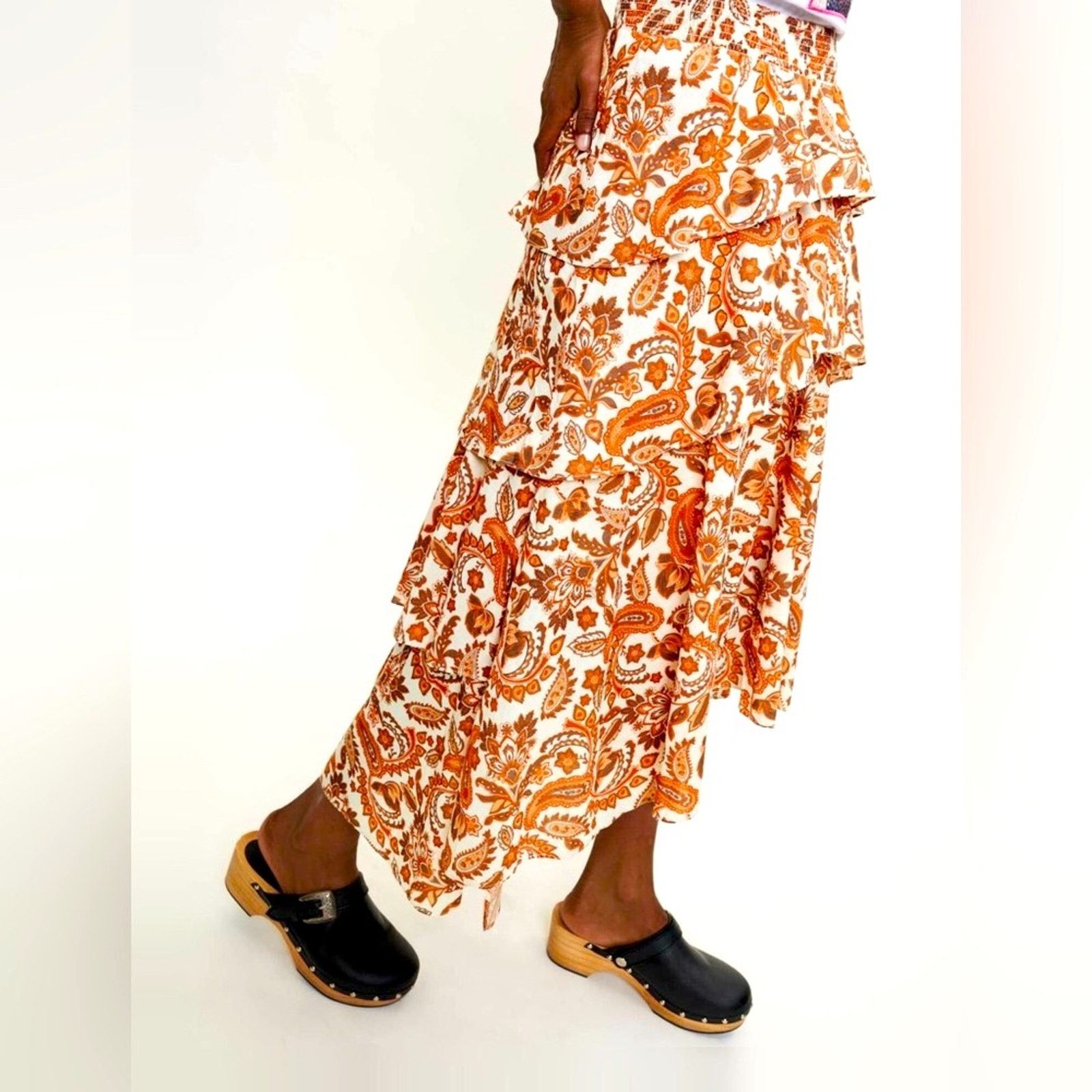 Maje MAJE $345 Orange Paisley Cotton Tiered Skirt FR34 USXS Size 26" / US 2 / IT 38 - 8 Thumbnail
