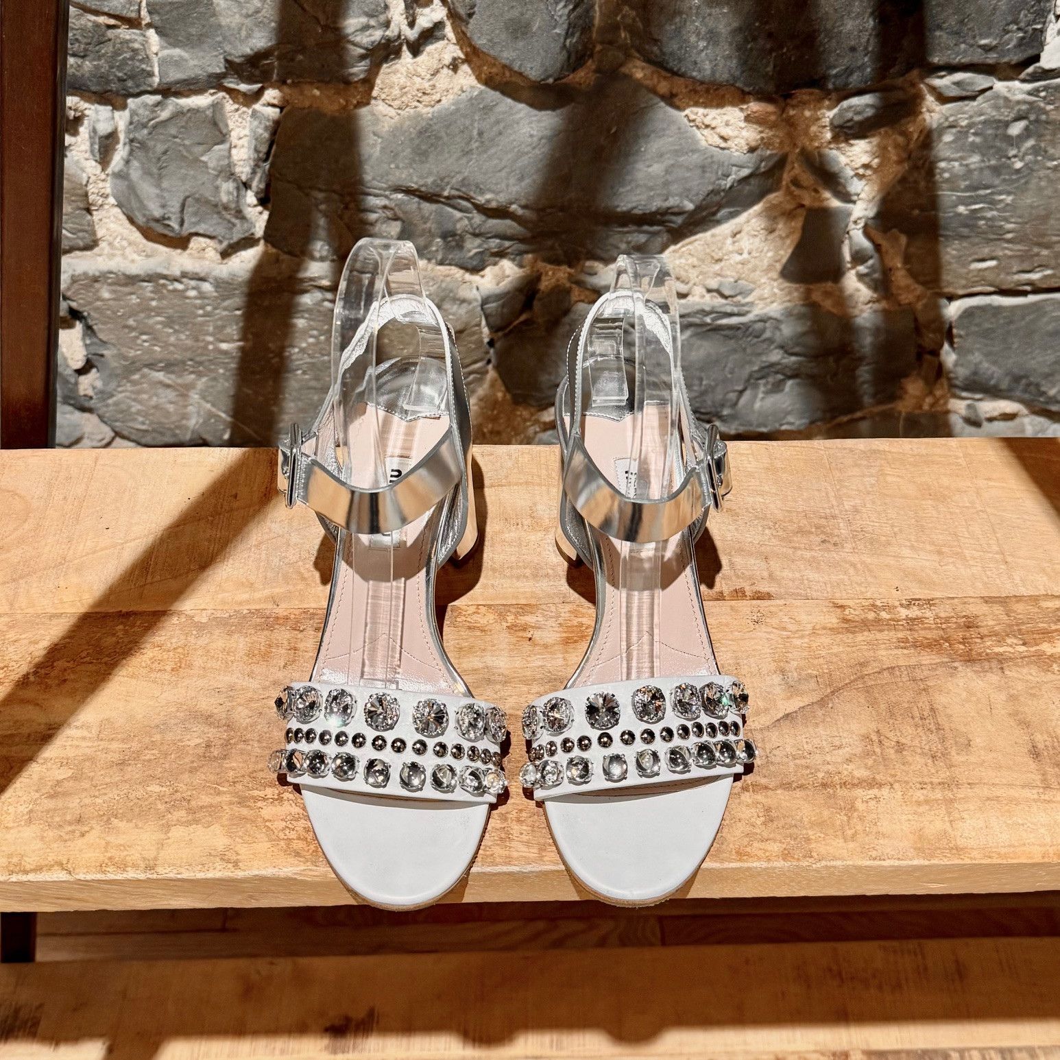 Miu Miu Miu Miu Silver Metallic White Leather Crystal Heeled Sandals Size US 7.5 / IT 37.5 - 3 Thumbnail