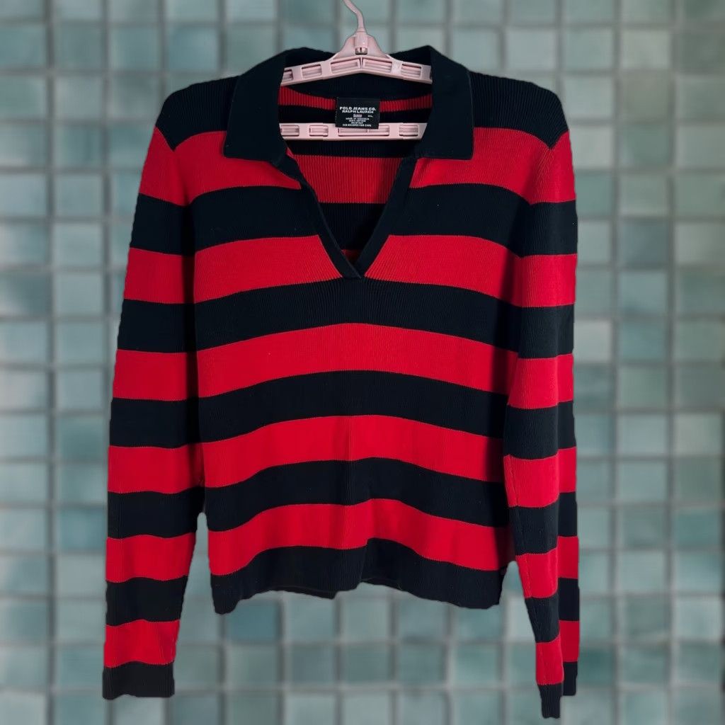 Ralph Lauren VINTAGE Ralph Lauren Polo Jeans Company Striped Sweater Ladies XL Blue Red V-Neck Pullover Knit Shirt Size XL / US 12-14 / IT 48-50 - 1 Thumbnail