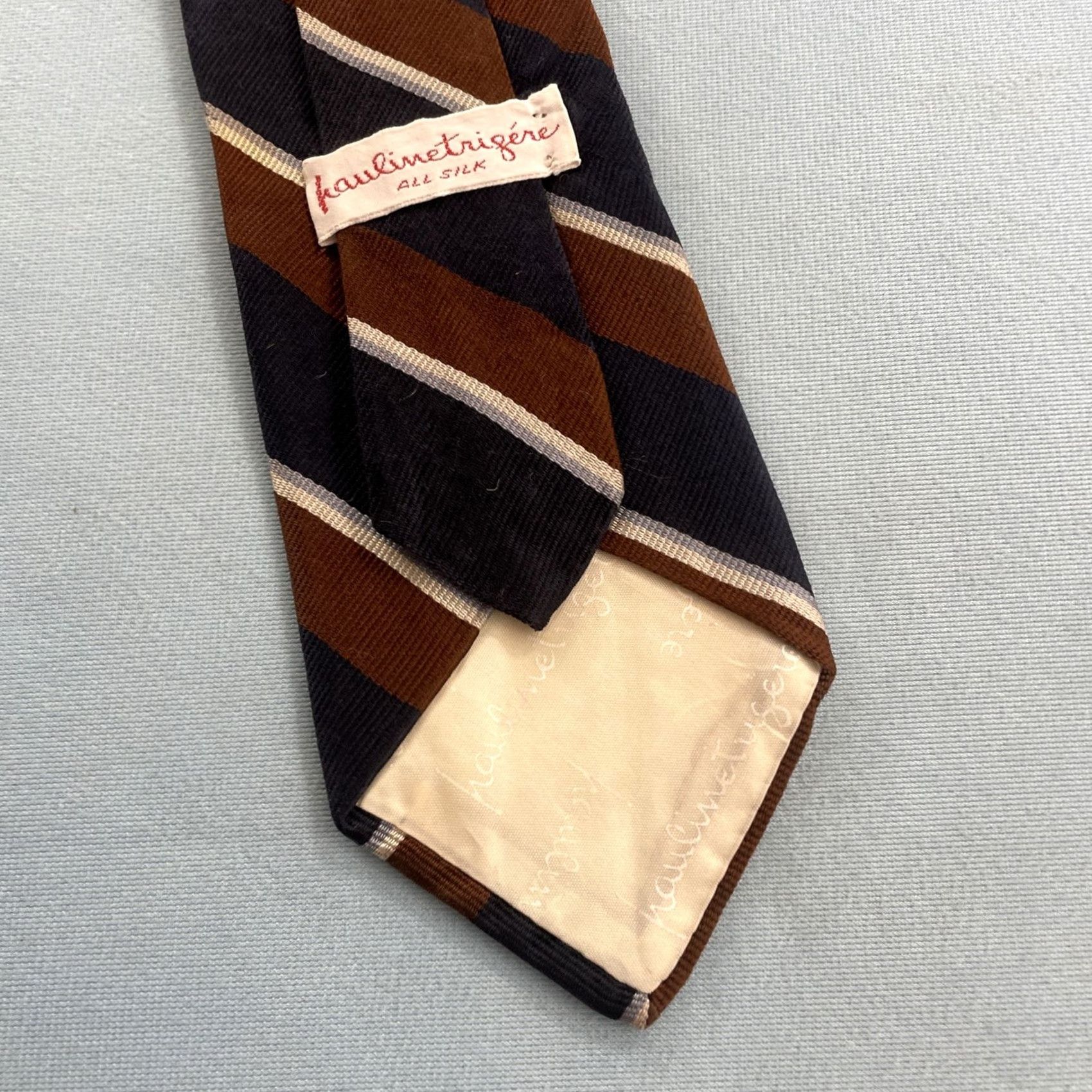 Vintage VINTAGE Pauline Trigère Silk Repp Tie Striped Navy Brown White 60" 3.2" Tie Mens 70s Designer Capstone Capsule Neckwear Size ONE SIZE - 7 Thumbnail
