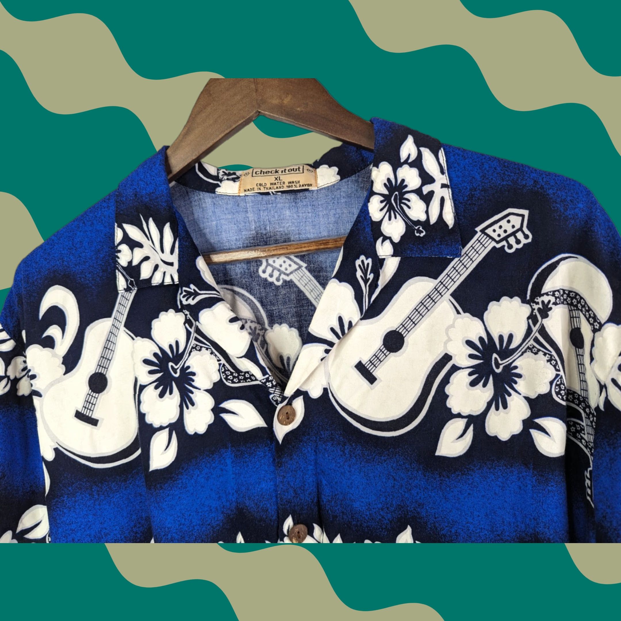 Vintage Vtg 80’s Check It Out Floral Guitars Hawaiian Shirt XL White Blue Button Rayon Size US XL / EU 56 / 4 - 1 Thumbnail