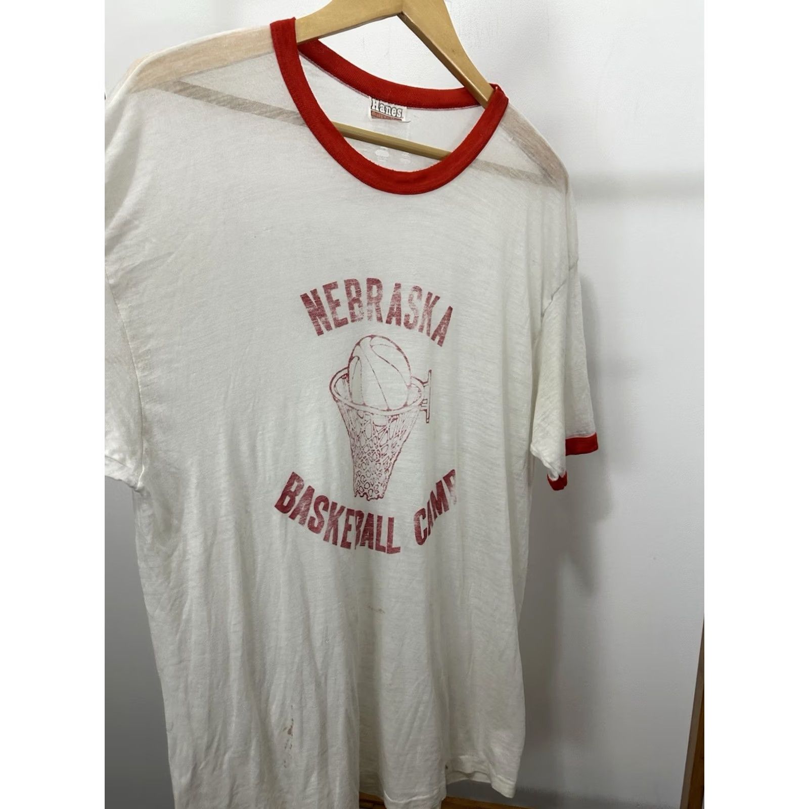 Hanes VTG 80s Nebraska Basketball Camp Super Paper Thin Burnout Ringer Worn T-Shirt XL Shirt Mens White Hanes Size US XL / EU 56 / 4 - 3 Thumbnail