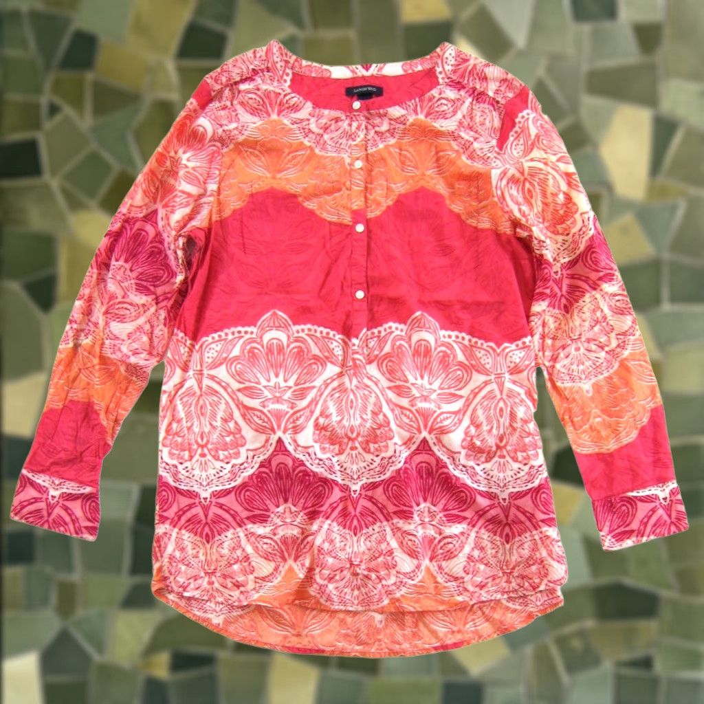 Lands' End Lands' End Blouse 100% Cotton Pink Orange Floral Pocket Long Sleeve Tunic 14 Size XL / US 12-14 / IT 48-50 - 1 Thumbnail