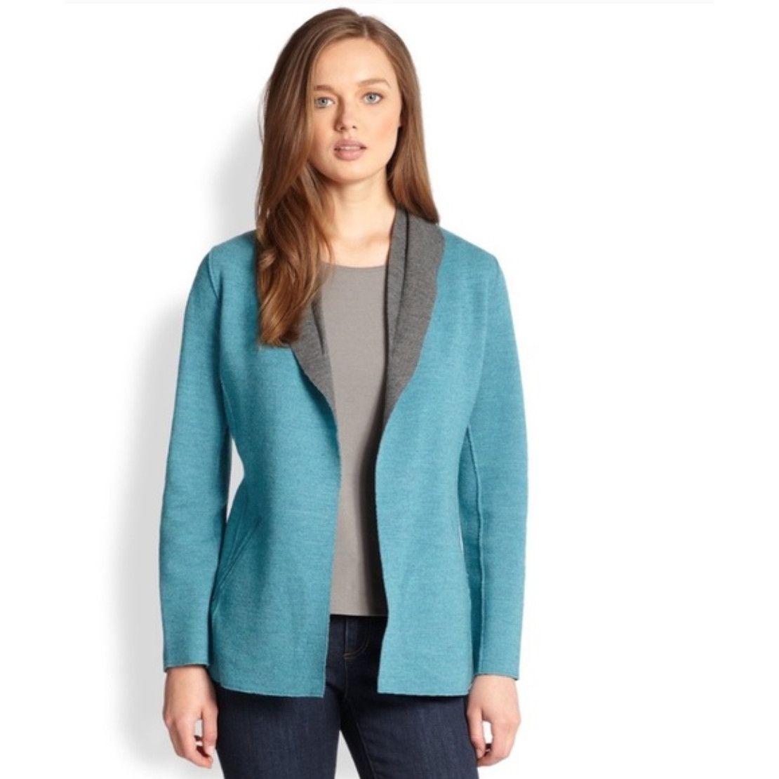 image of Eileen Fisher Shaped Merino Wool Felt Double Knit Jacket in Blue, Women's (Size Large)