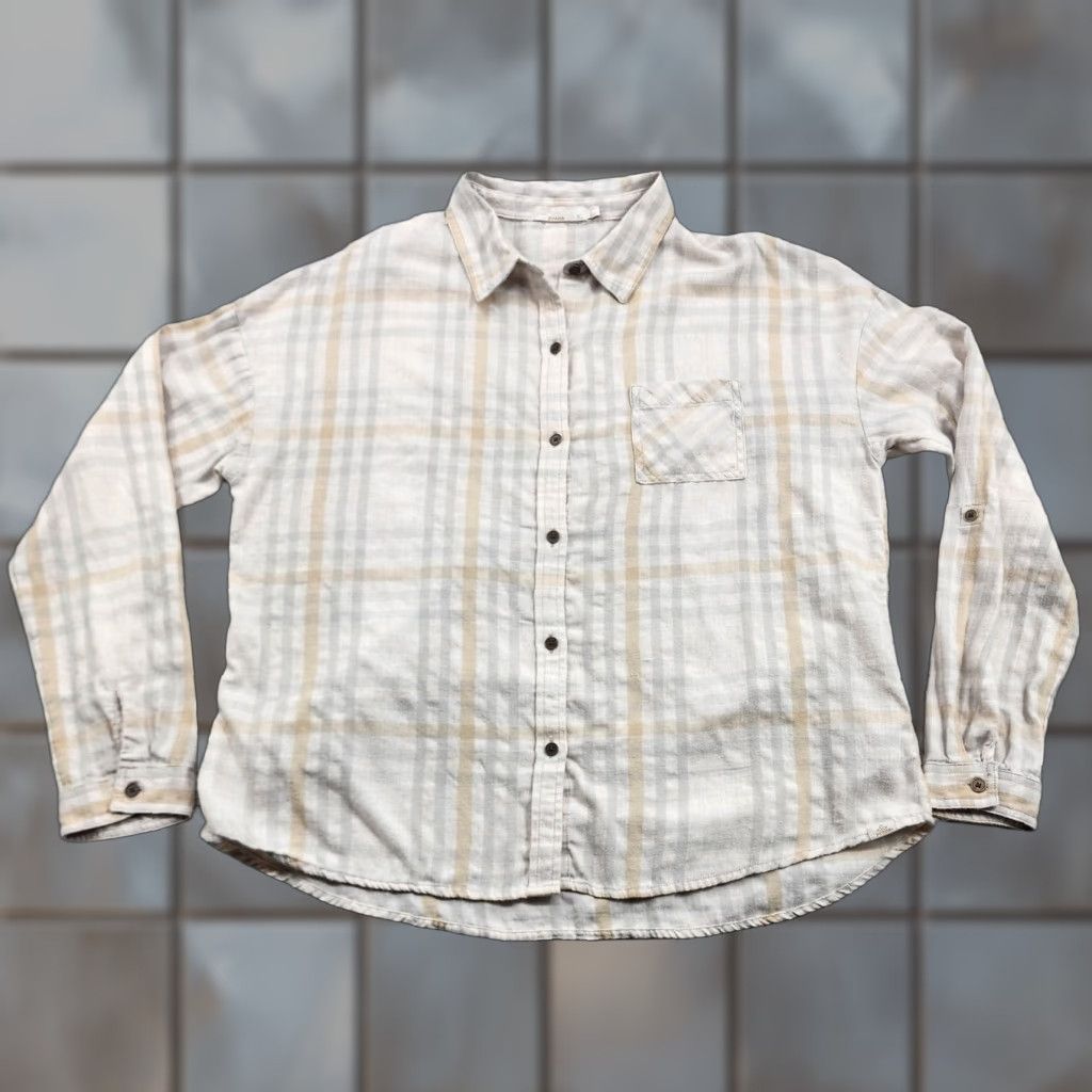 Prana prAna Shirt Womens XL Tan Gray Plaid Flannel Button Down Long Sleeve Organic Size XL / US 12-14 / IT 48-50 - 1 Thumbnail