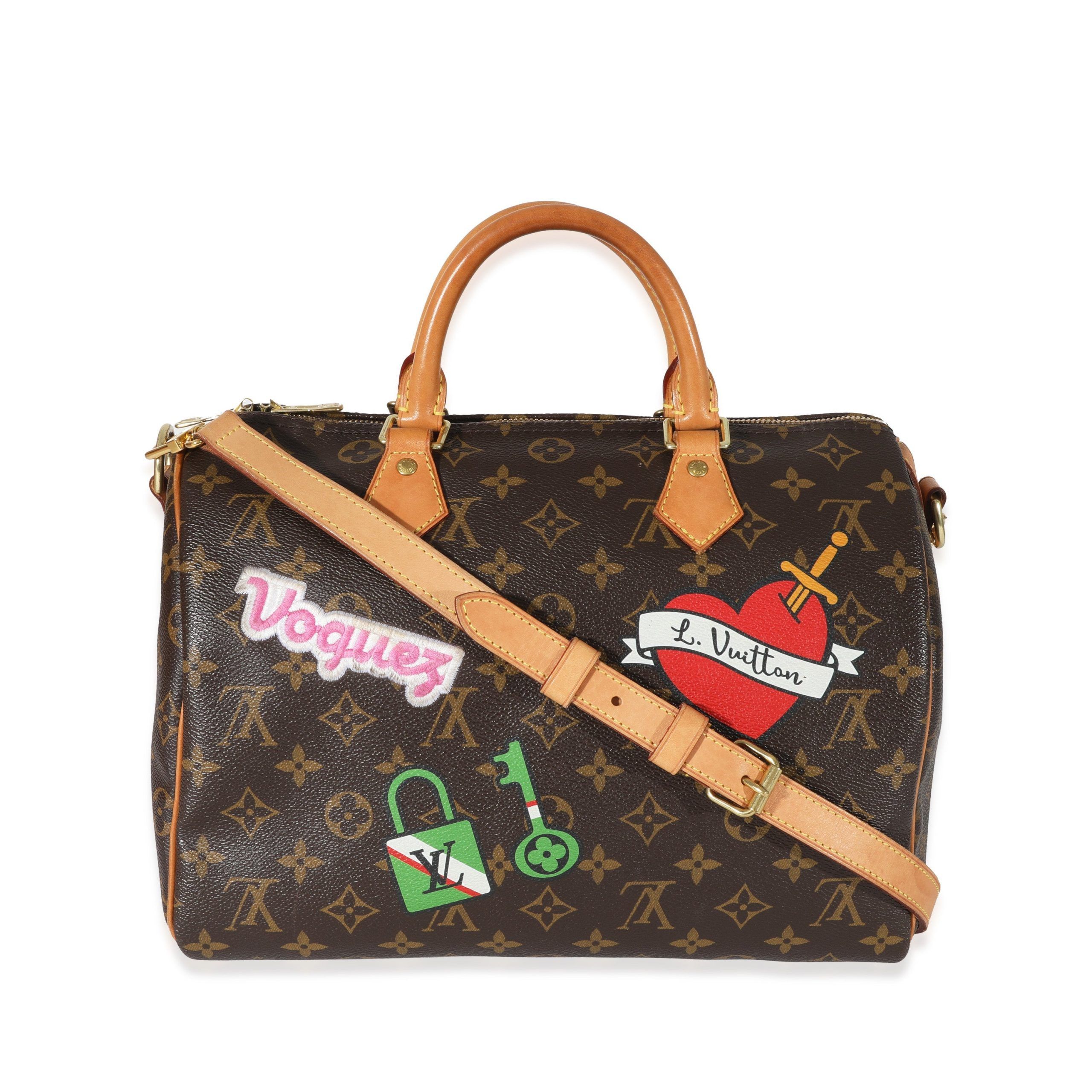 image of Louis Vuitton Monogram Canvas Patches Speedy Bandouliere 30 in Brown, Women's