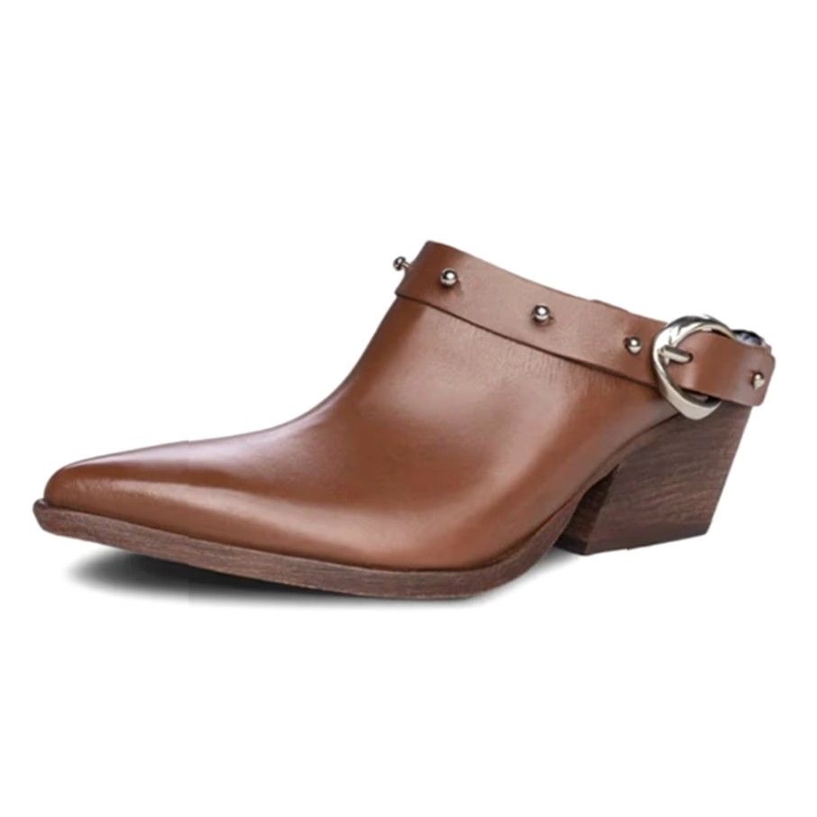 Vintage Golo Women's Woody Studded Leather Mule Booties Bootie 8 Cognac Brown High Heel 3" Casual Fall Spring Bohemian Southwestern Womens Size US 8 / IT 38 - 2 Thumbnail