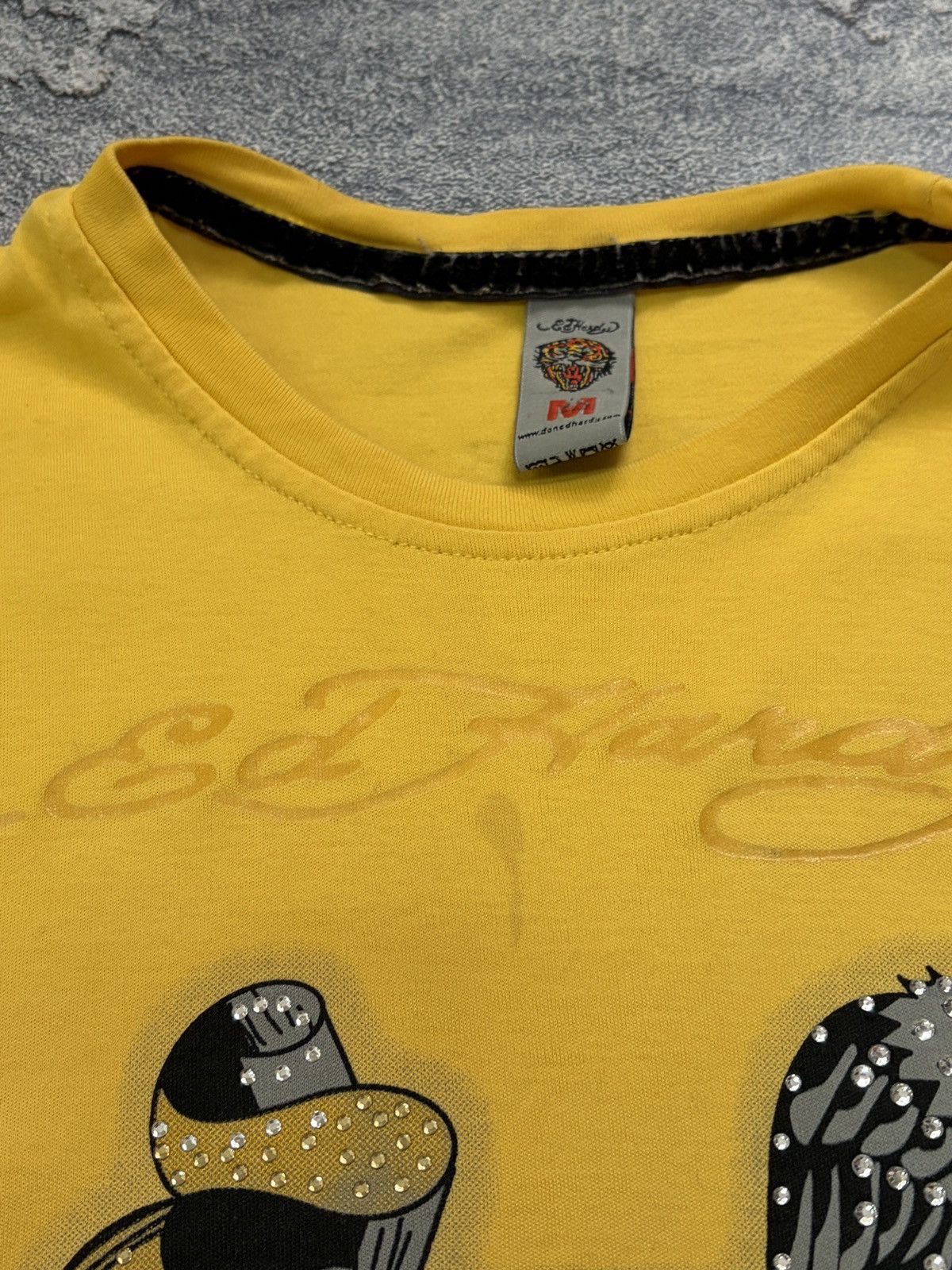 Ed Hardy Ed Hardy "Death or Glory" Yellow Tattoo Rhinestone Tee M Size US M / EU 48-50 / 2 - 8 Thumbnail