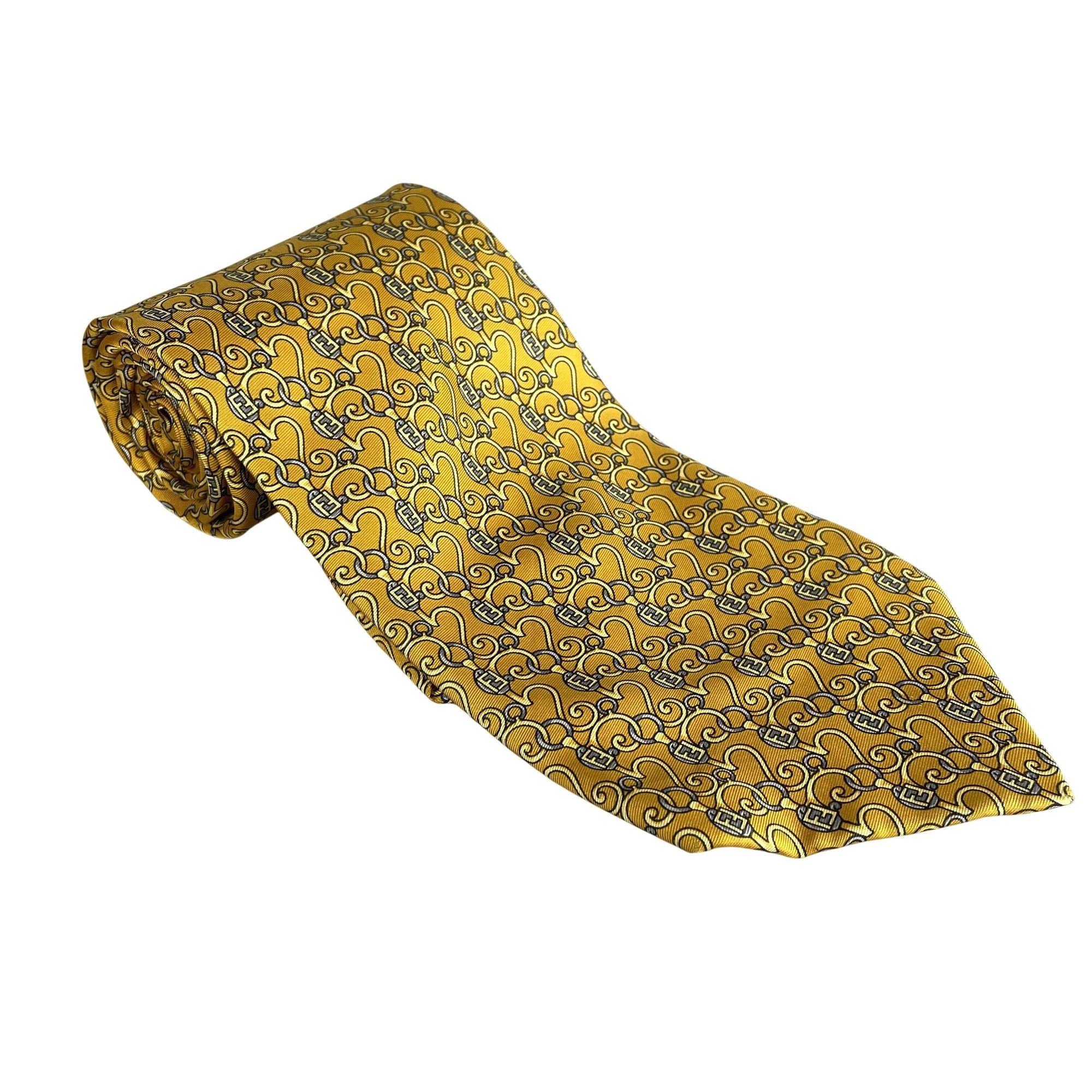 Fendi Fendi Monogram Scroll Pattern Gold & Gray Silk Tie Size ONE SIZE - 4 Thumbnail