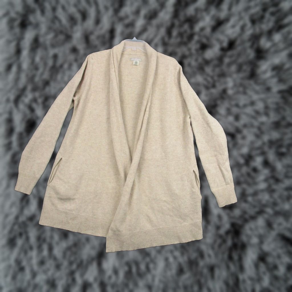 Vintage Mark And Graham Cardigan Womens Large Beige Knit Lambswool Open Front Pockets Size L / US 10 / IT 46 - 1 Thumbnail