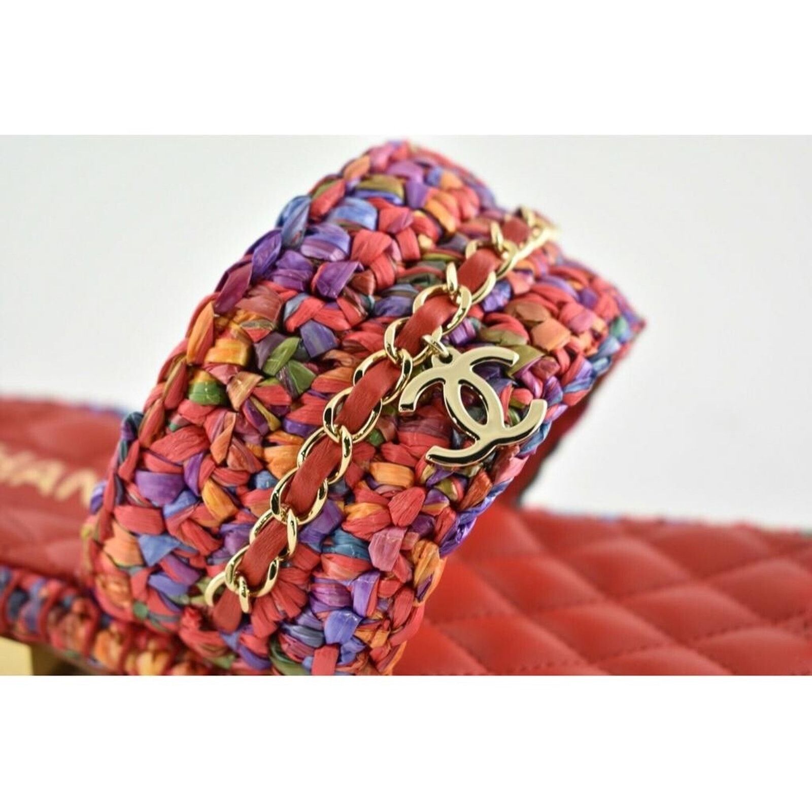Chanel Chanel 20S Red Blue Purple Raffia Tweed CC Logo Mule Size US 6 / IT 36 - 4 Thumbnail