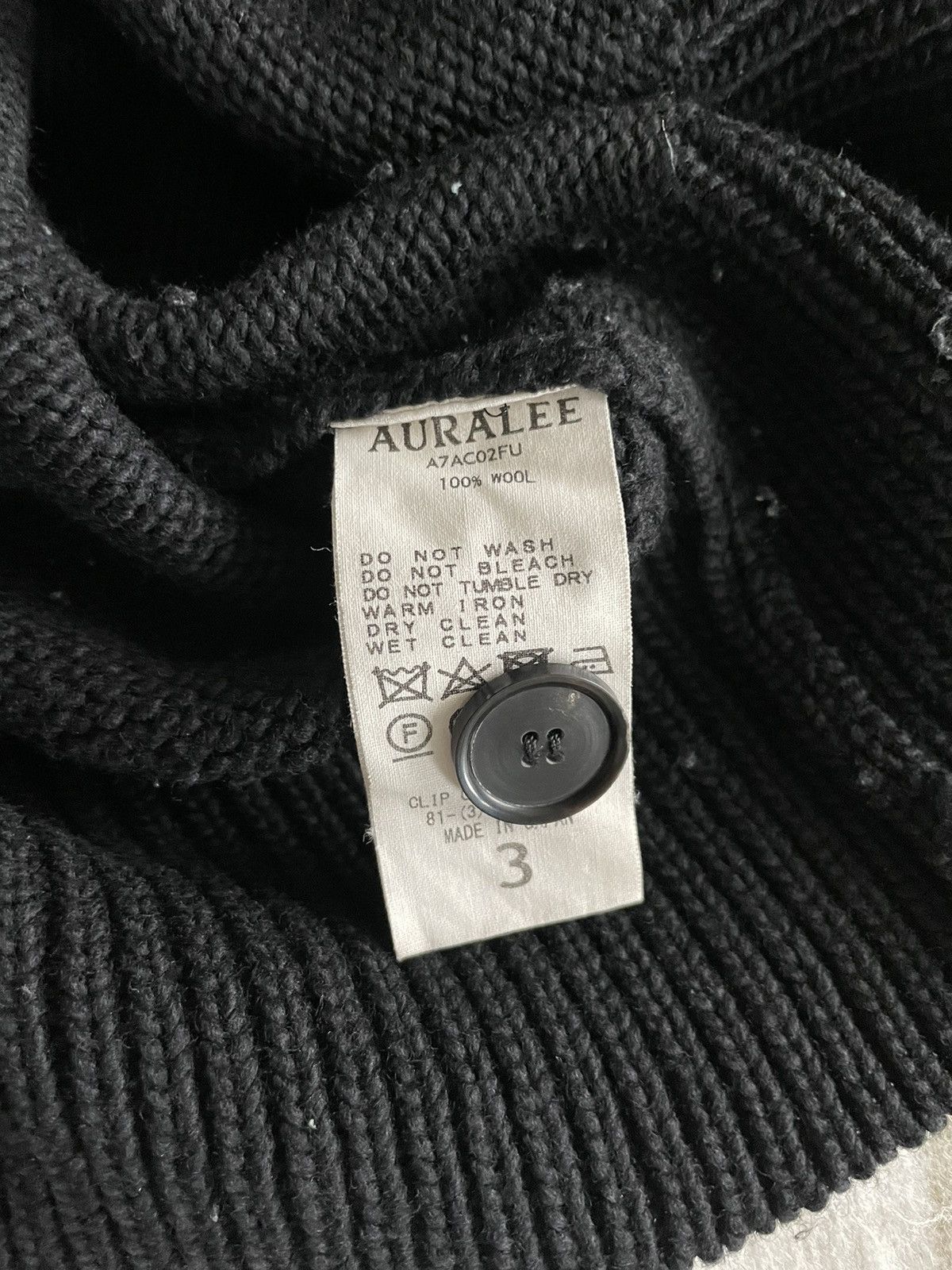 Japanese Brand AURALEE Felt Wool Yarn Knit Cardigan Rib Black Size 