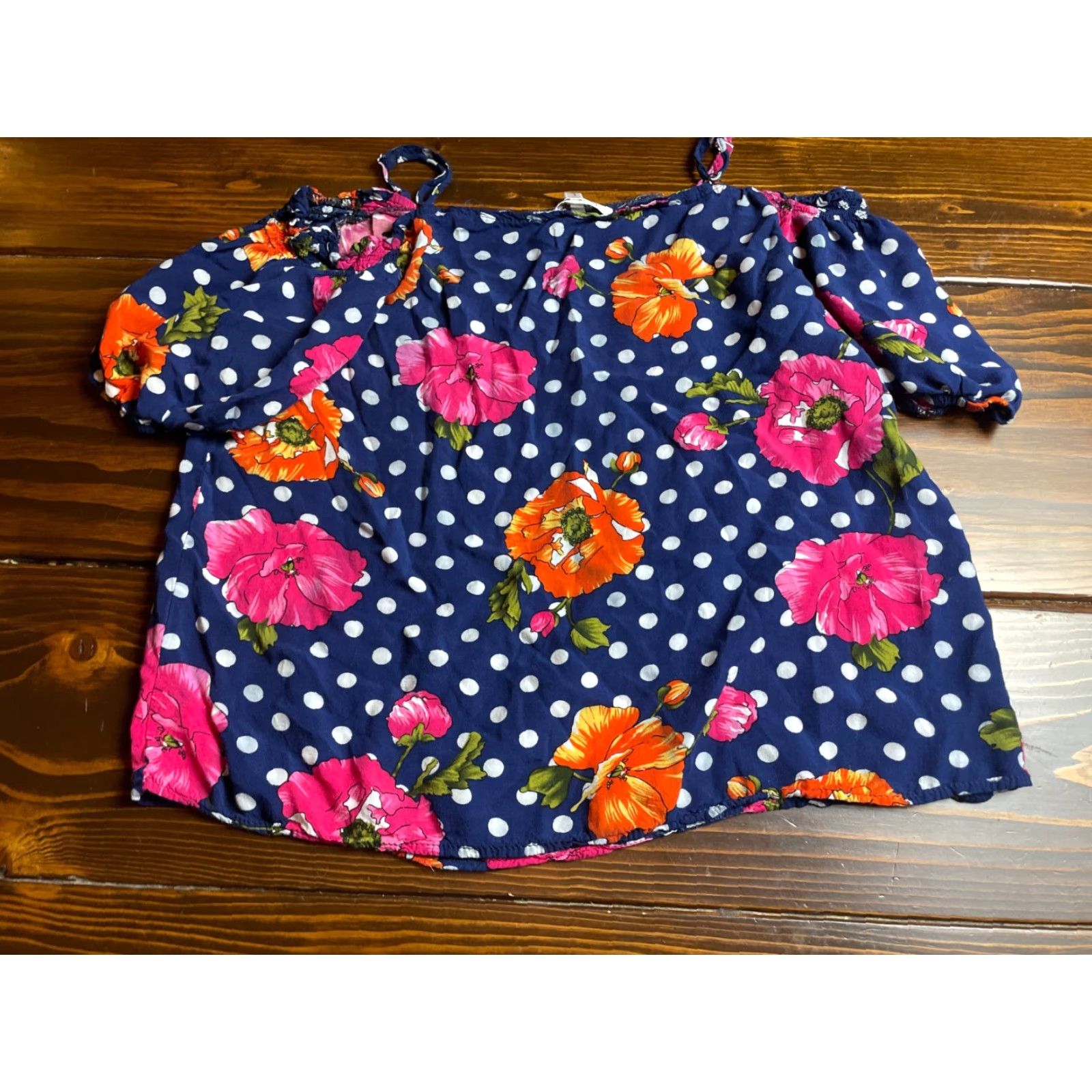 Paradise Paradis Miss Blouse Size L Blue Polka Dots Floral Puff Sleeve Strap Cropped Ladies Size L / US 10 / IT 46 - 2 Thumbnail