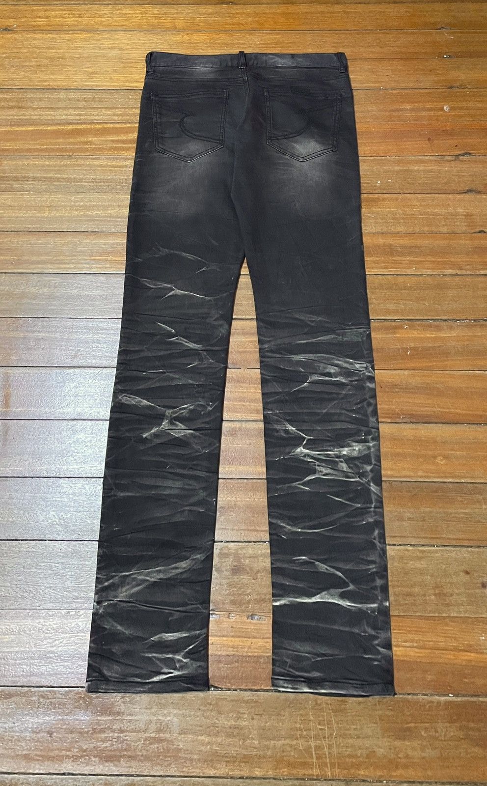 14th Addiction Very Rare Vintage Semantic Design Strip Waxed Jeans 2000s Size US 33 - 2 Thumbnail