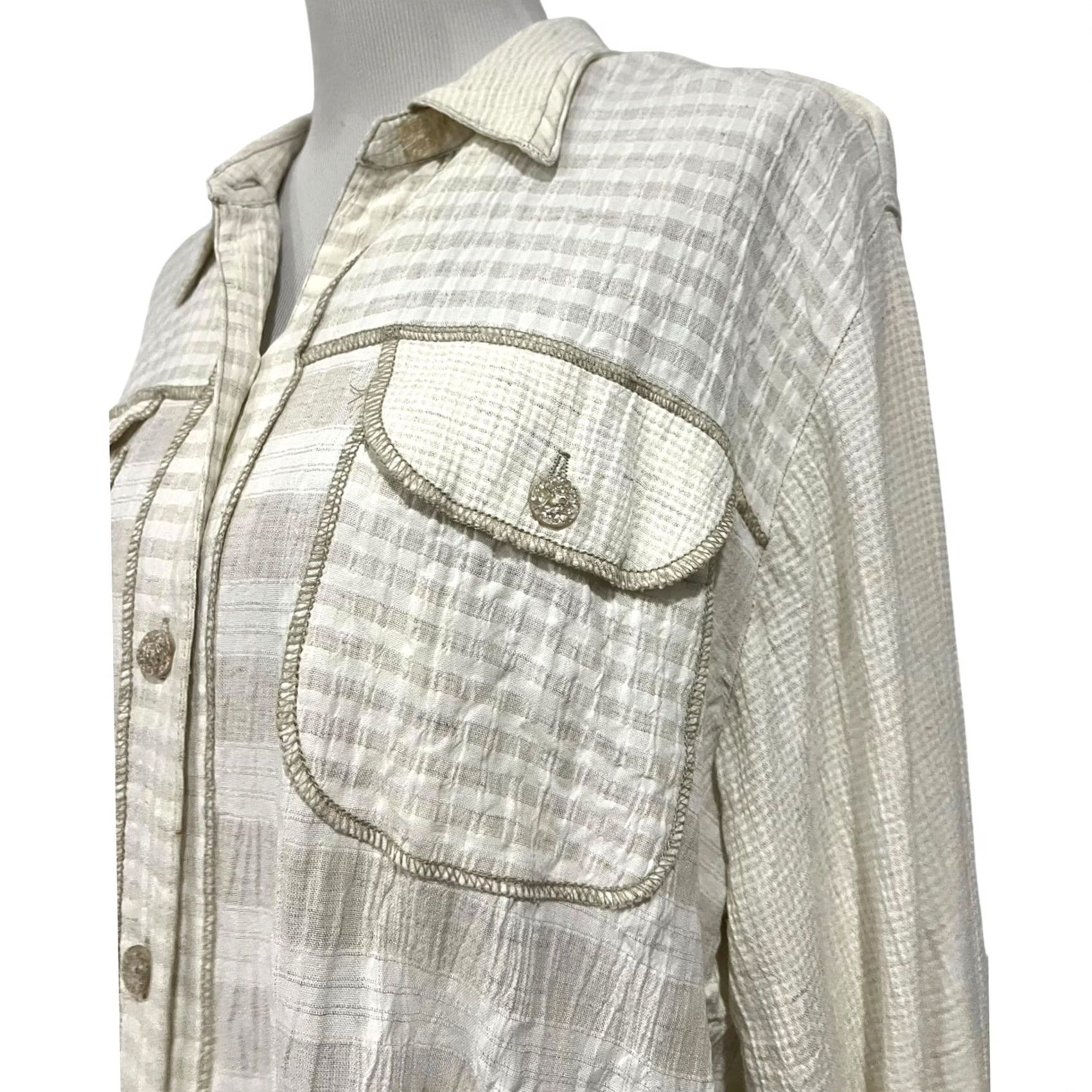 Vintage VINTAGE Saint Germain Paris Womens Blouse Button Up Top Beige Cream Check Pockets L Size L / US 10 / IT 46 - 4 Thumbnail