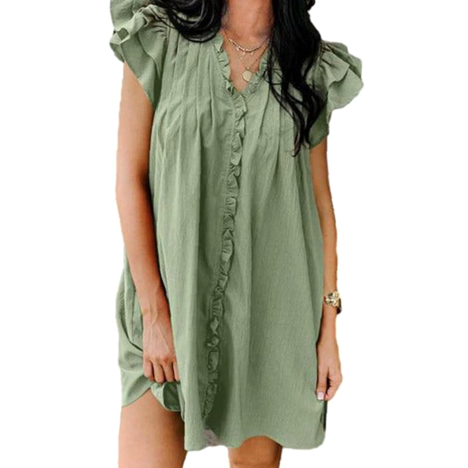 Vintage Women’s Casual Short Sleeve Ruffle Mini Dress - Green - Size S Size 28" / US 6 / IT 42 - 2 Thumbnail