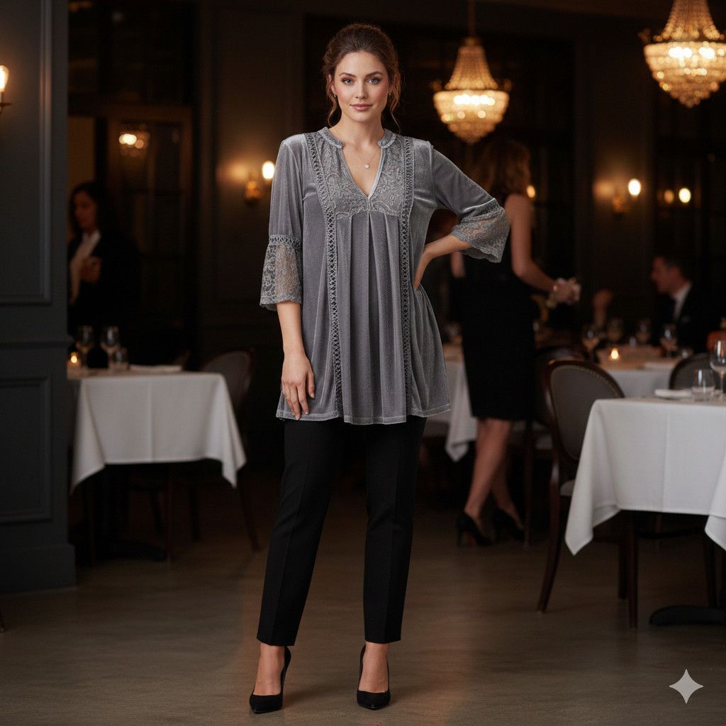 Other POL Size S Tunic Top Velvet Lace V-Neck 3/4 Bell Sleeve Grey Size S / US 4 / IT 40 - 11 Thumbnail