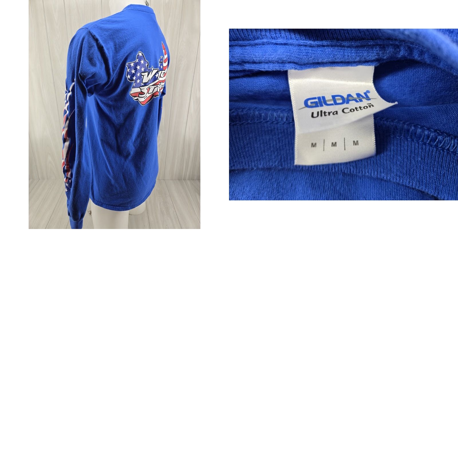 Gildan Gildan Ultra Cotton Wing Stuff Biker Long sleeve Tee Blue Size M USA Flame Sleeves T‑Shirt Men Regular Fit Adults Mens Size US M / EU 48-50 / 2 - 9 Thumbnail