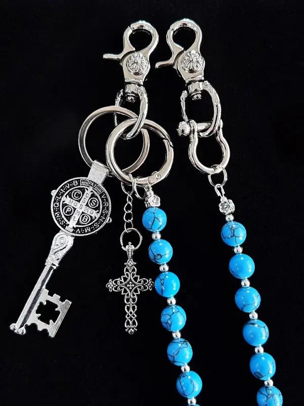 Jewelry Blue Cracked Stone Round Beads Wallet Chain , Jeans Chain Size ONE SIZE - 5 Thumbnail