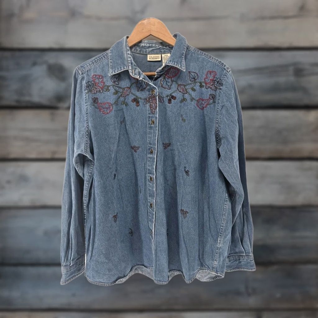 Vintage VINTAGE Classic Elements Denim Shirt Womens L Blue Floral Embroidered Button Front Size L / US 10 / IT 46 - 1 Thumbnail