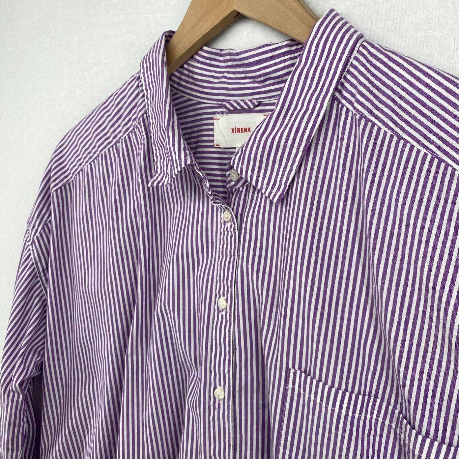 image of Xirena Top Womens L Striped Shirt Button Front Long Sleeve Cotton Purple Usa in White (Size Large)