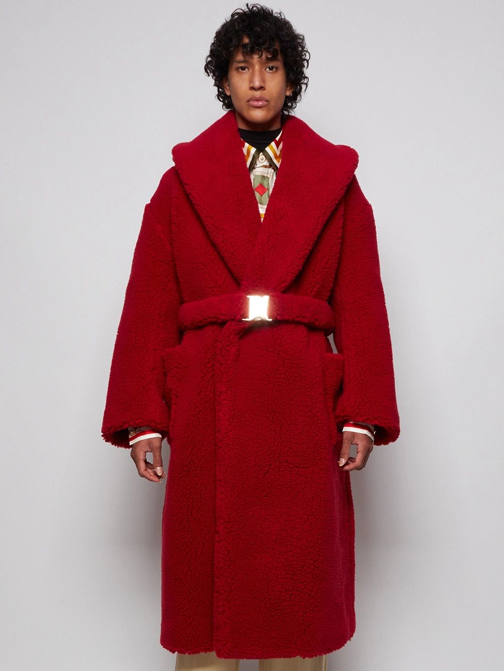 Casablanca Red Faux Shearling Belted Robe Coat Size S / US 4 / IT 40 - 3 Thumbnail