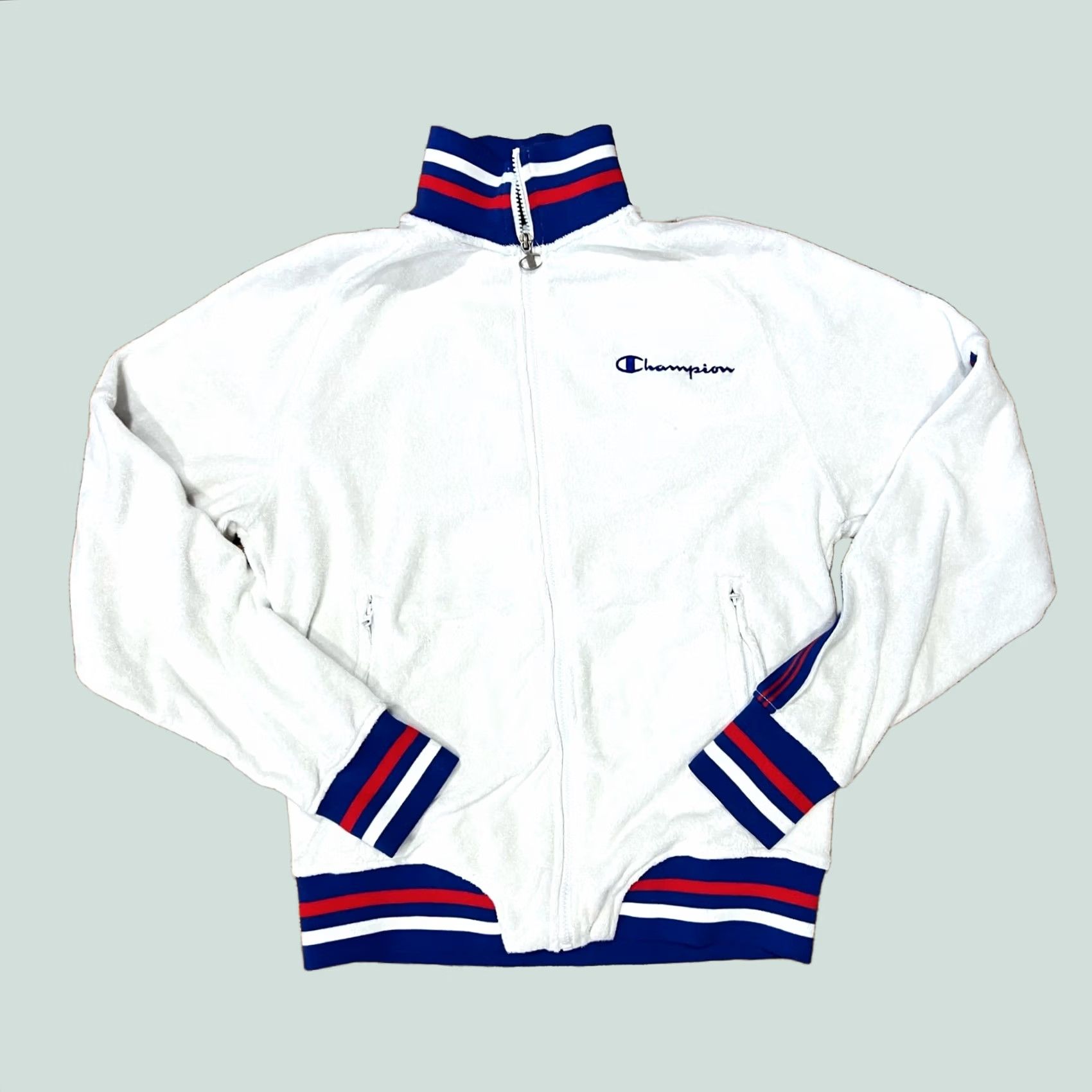 Champion VINTAGE Champion Track Jacket White Full Zip Retro Terry Cloth Mens S Blue Red Jacket Size US S / EU 44-46 / 1 - 1 Thumbnail