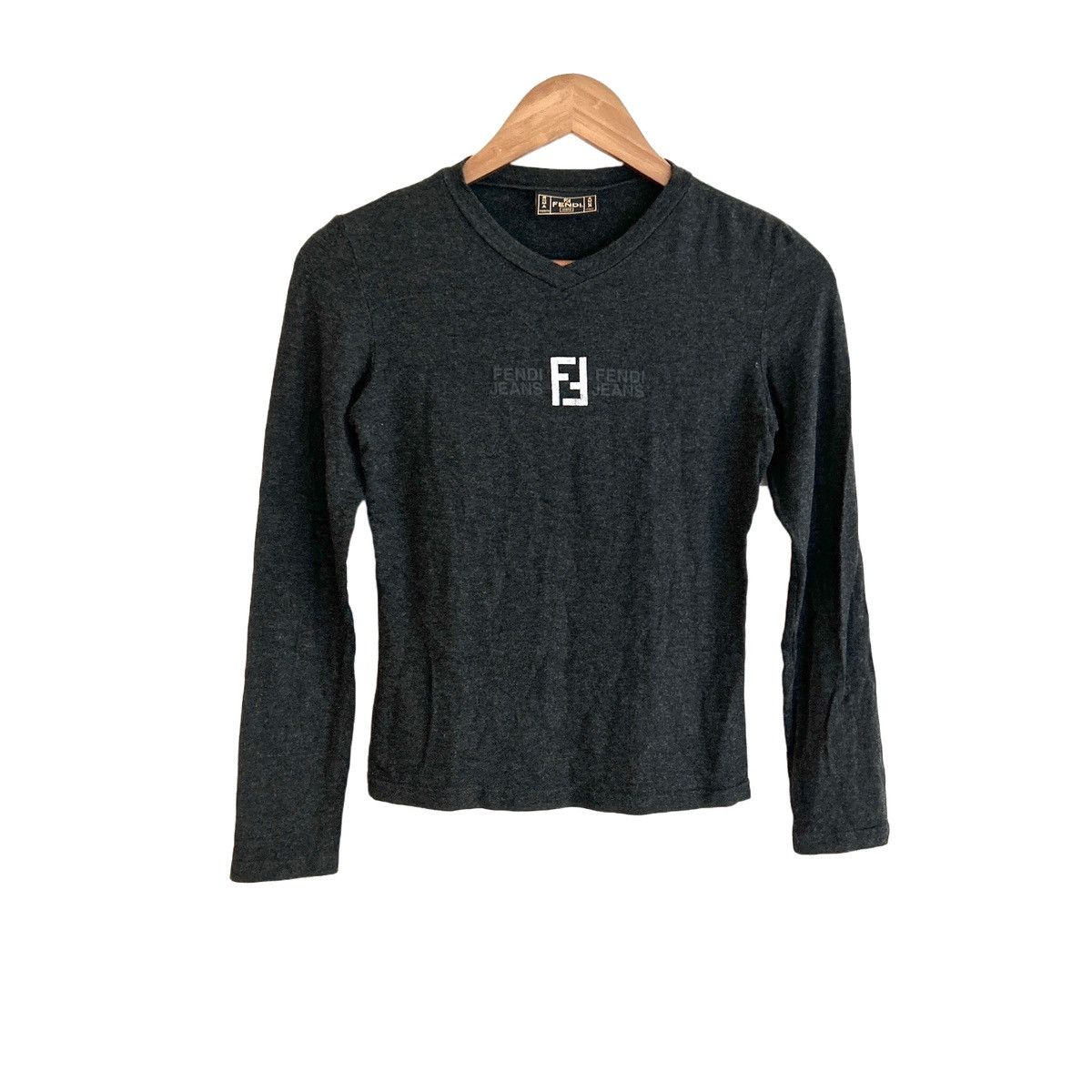 image of Fendi Ff Logo Graphic Long Sleeve V-Neck Long Sleeve Shirt in Grey, Women's (Size Small)