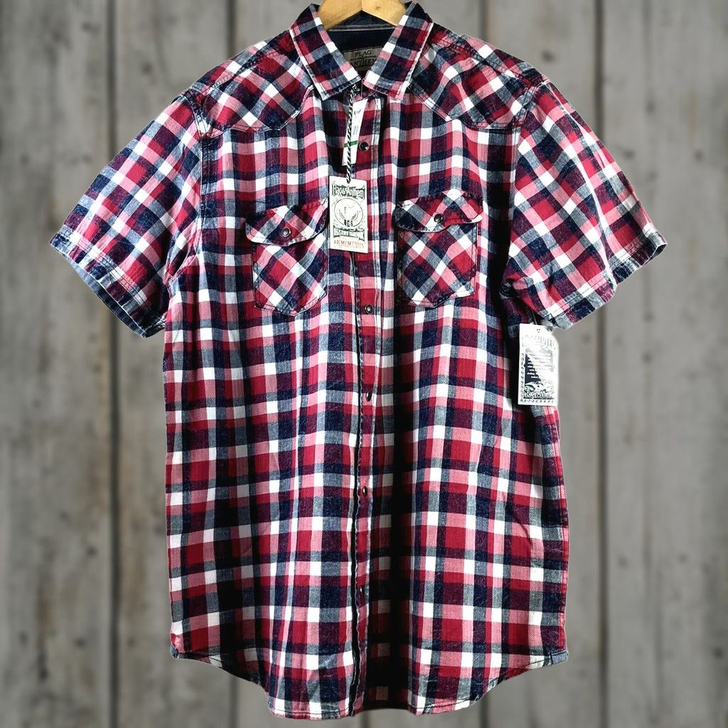 Flag & Anthem Flag & Anthem Shirt Mens Medium S/S Western Indigo Plaid Pearl Snap Red Blue Size US M / EU 48-50 / 2 - 1 Thumbnail