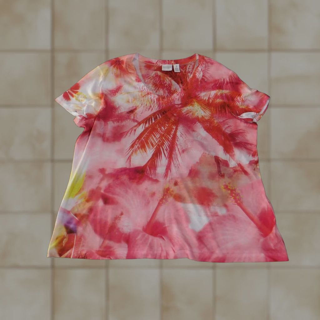 Vintage Chico's Blouse Shirt Womens 3 Pink Palm Tree V-Neck Casual Short Sleeve Polyester Knit Tropical Floral Weekend Size XS / US 0-2 / IT 36-38 - 1 Thumbnail