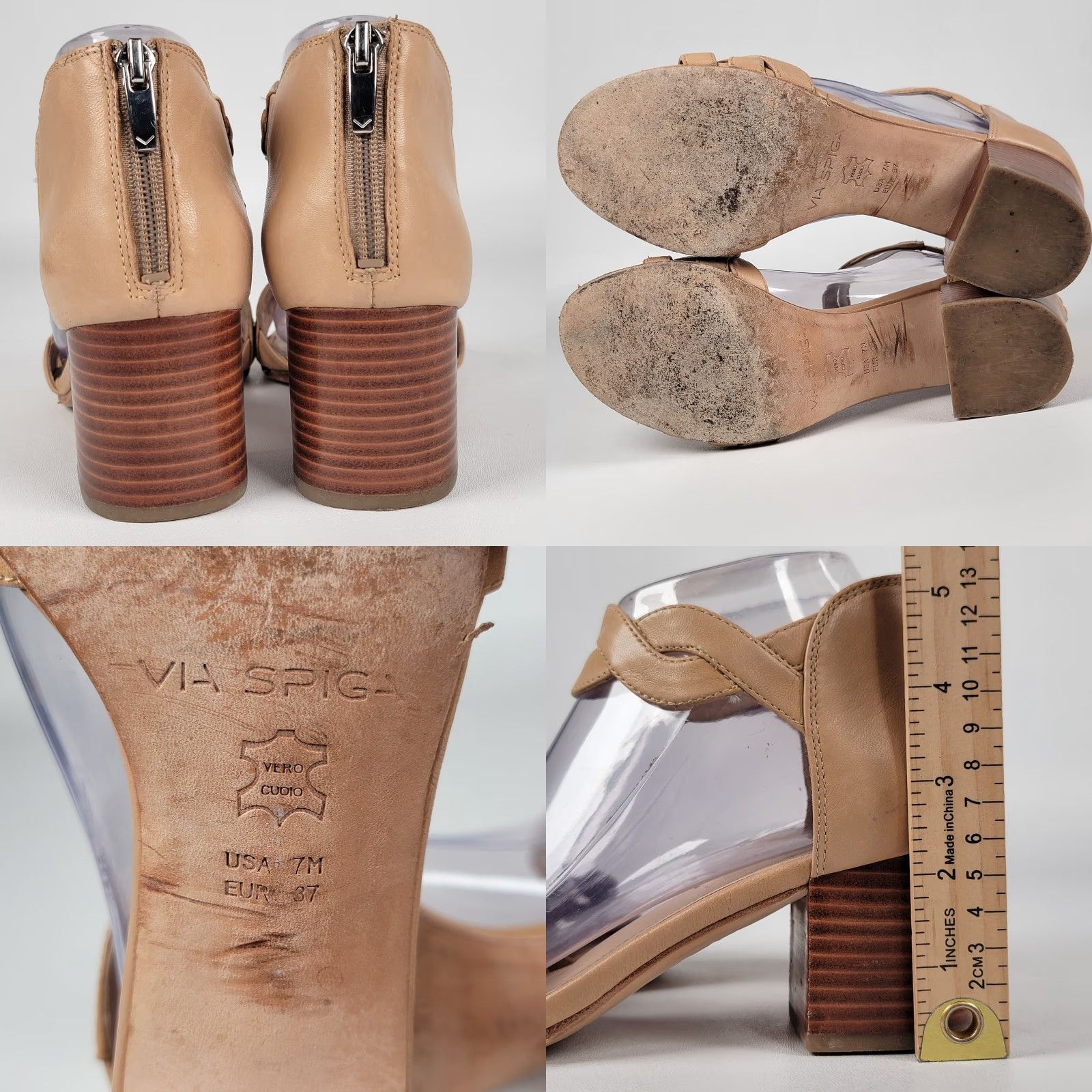 Vintage Via Spiga Beige Leather Slingback Heels Open Toe Buckle 7M Womens Sandals Block Heel ITALY Size US 7 / IT 37 - 8 Thumbnail