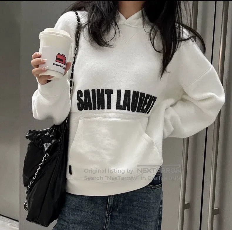 Saint Laurent Paris Saint Laurent Paris White Logo Letter Printed Cotton Hoode Size US S / EU 44-46 / 1 - 8 Thumbnail