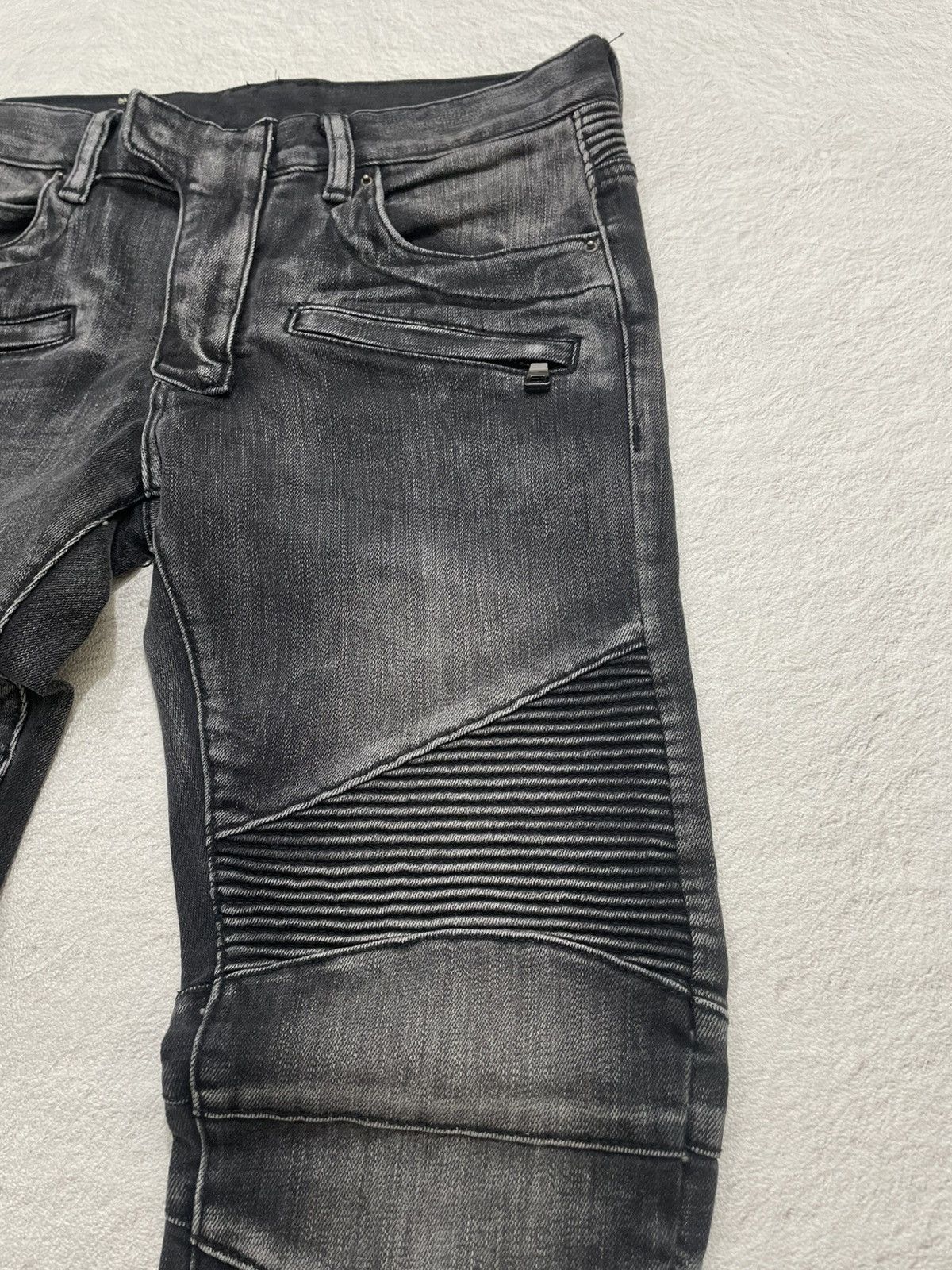 Japanese Brand Black washed biker denim jeans ribbed knee panel zipper Size US 31 - 3 Thumbnail