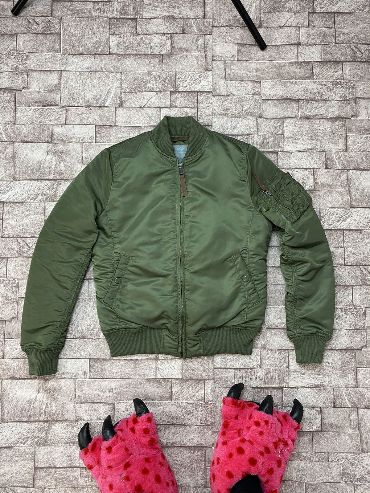 image of Olive Alpha Industries Bomber Jacket Khaki in Green, Men's (Size Small)