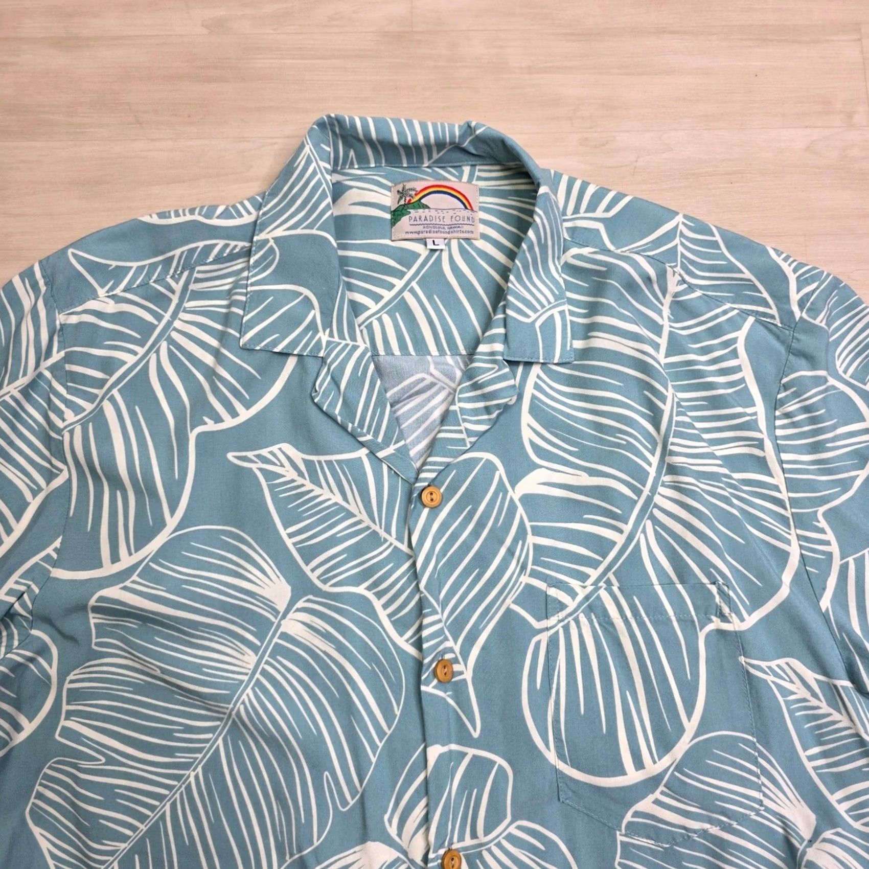 Paradise Found Paradise Found Mens Hawaiian Shirt Large Blue White Taro Leaf Rayon Aloha Size US L / EU 52-54 / 3 - 2 Thumbnail