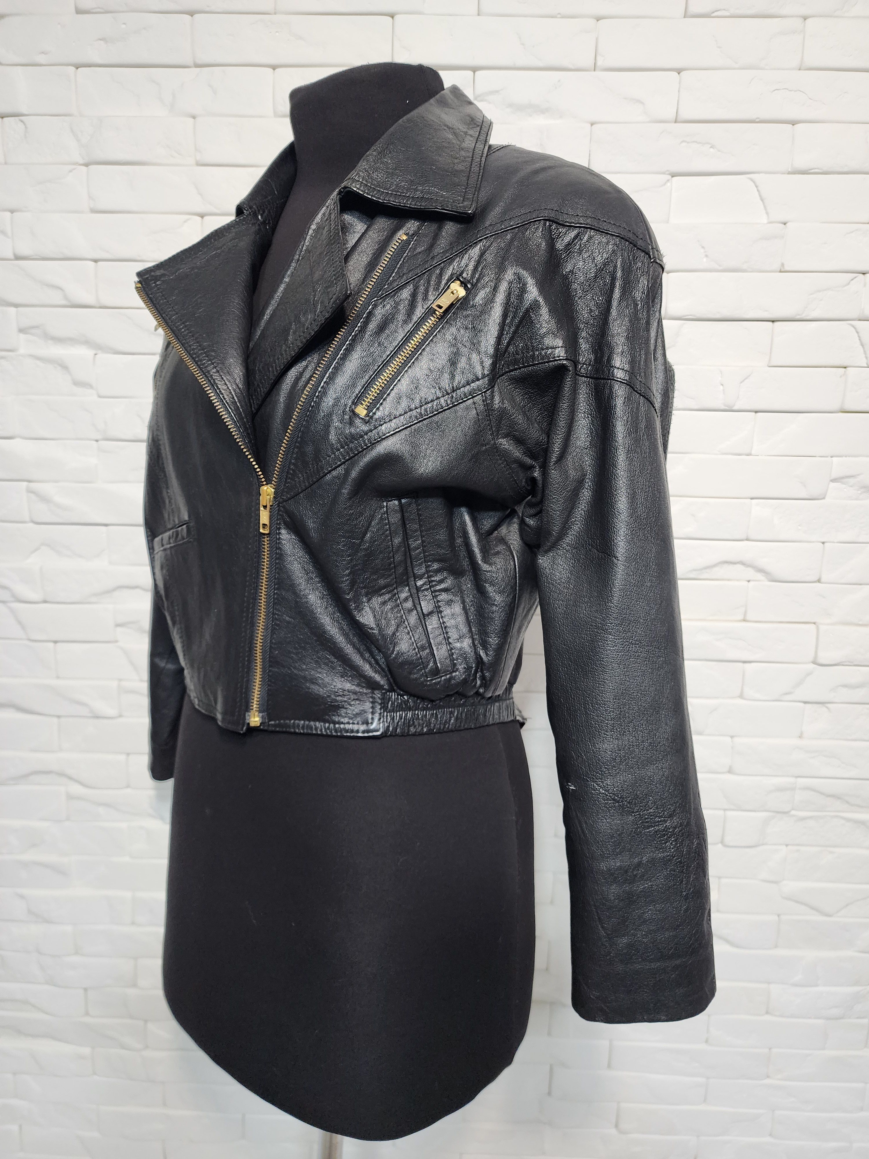 Designer Vintage Black Leather Biker Jacket: Size L / US 10 / IT 46 - 2 Thumbnail