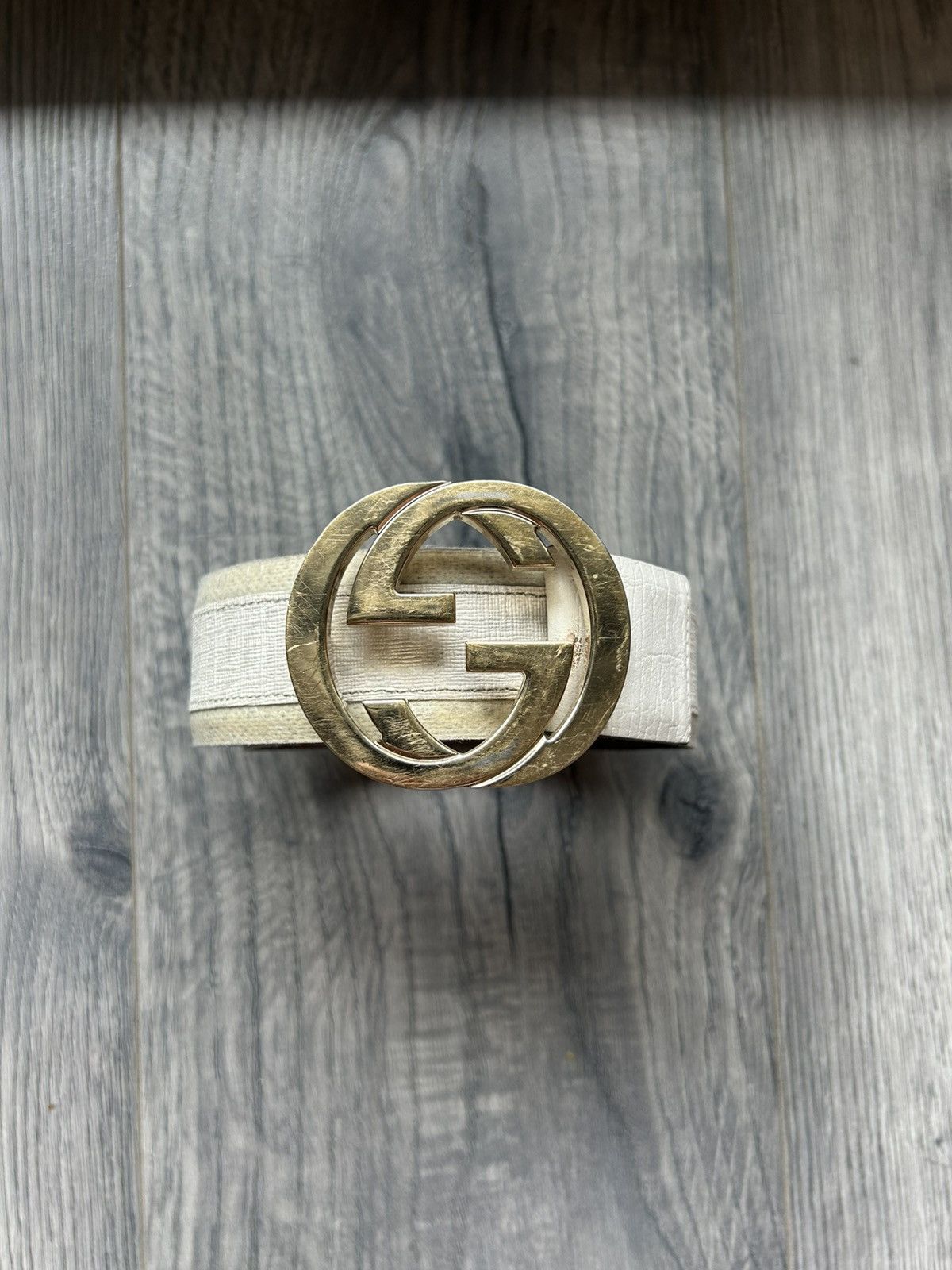Gucci White GG Buckle Leather Monogram Belt Size 38 - 1 Thumbnail