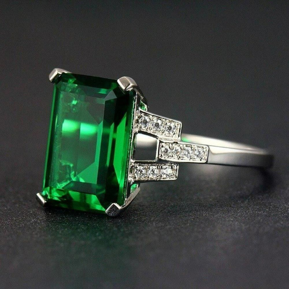 Designer Sterling Silver Big Emerald Green Rectangle Ring - Size 7 Size ONE SIZE - 2 Thumbnail