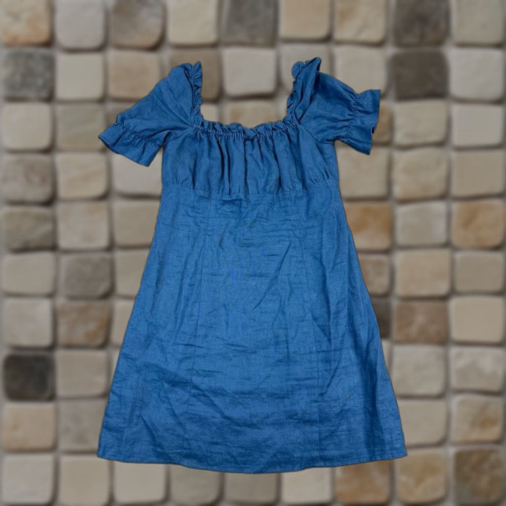 Reformation Reformation Dress Blue Linen Blouson Short Sleeve Square Neck Pullover 8 Womens A-Line Casual Summer Spring Regular Linen Size M / US 6-8 / IT 42-44 - 1 Thumbnail