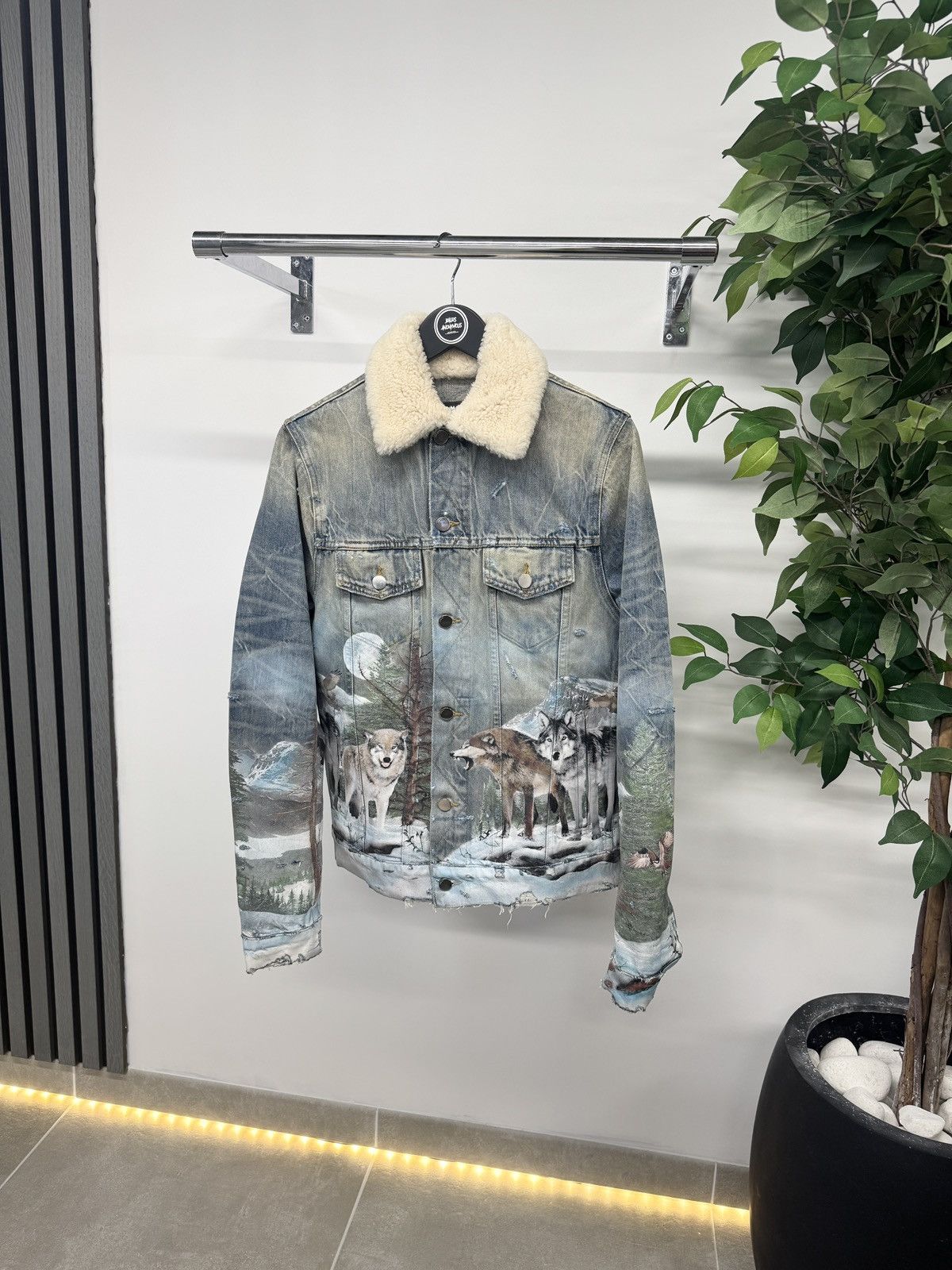 Amiri Wolf Shearling Airbrushed Trucker Jacket RRP £1460