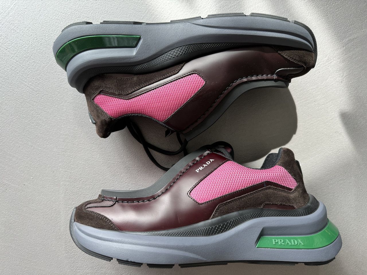 image of Prada Systeme Brushed Leather Sneakers, Burgundy, Peony Pink in Garnet/Peony Pink, Men's (Size 9.5)