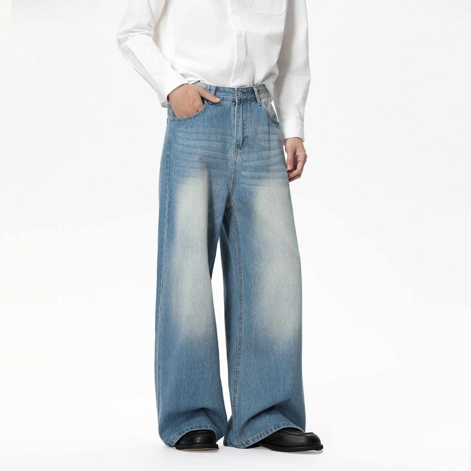 Vintage Wide Leg Distressed Blue and Black Denim Jeans Size US 32 / EU 48 - 1 Thumbnail