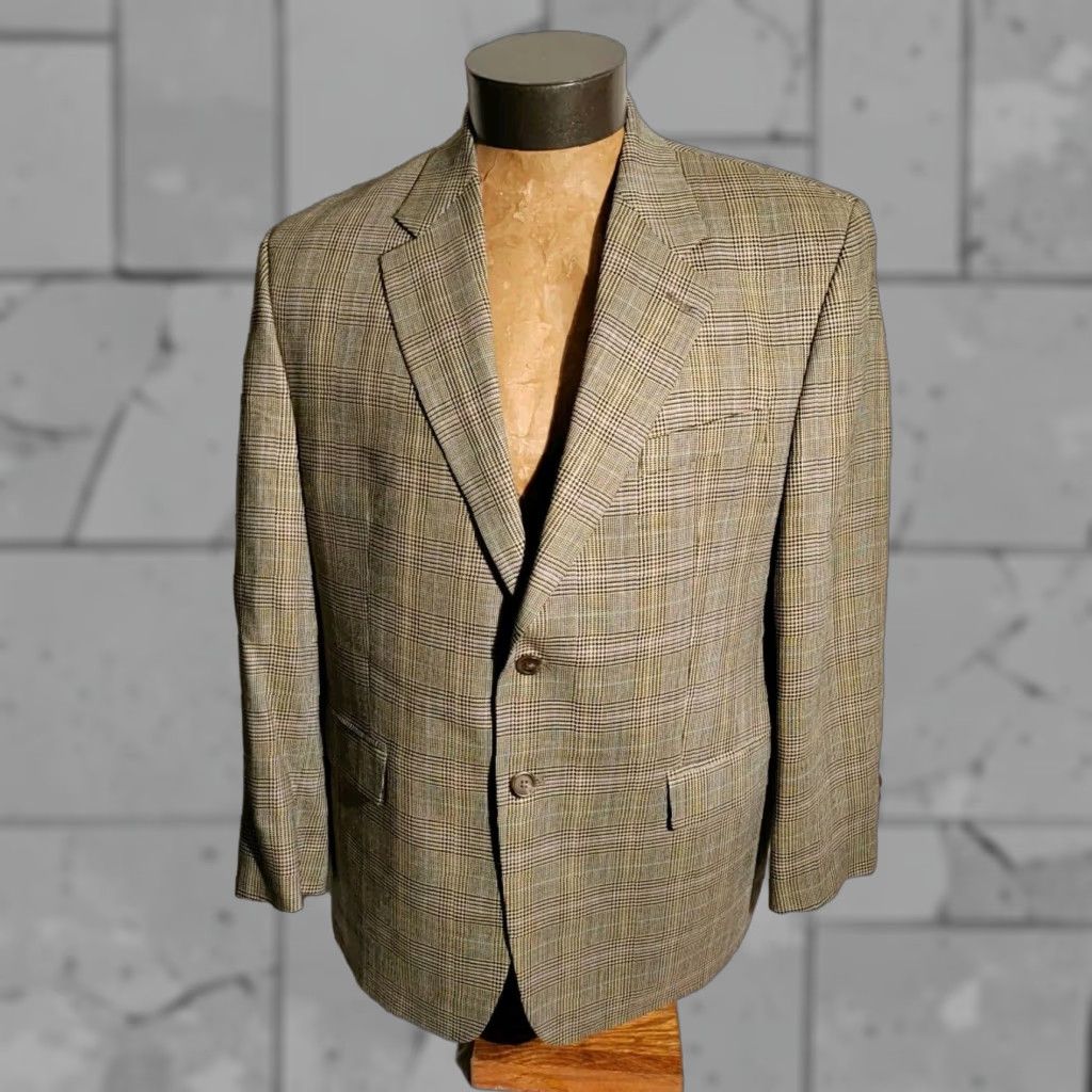 VINTAGE Lauren Ralph Lauren Brown Houndstooth Silk Wool Sport Coat Jacket 44S Mens