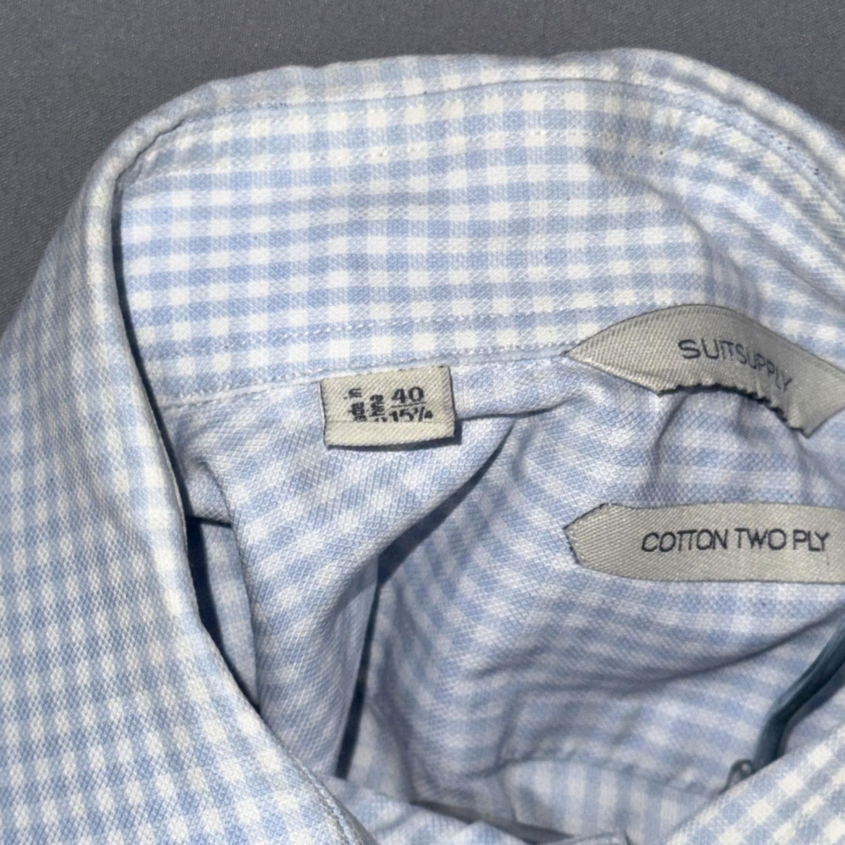 Suitsupply Suitsupply Shirt Mens 40 Dress Shirt Blue White Gingham Cotton Two Ply Crew Neck? Size 40R - 7 Thumbnail