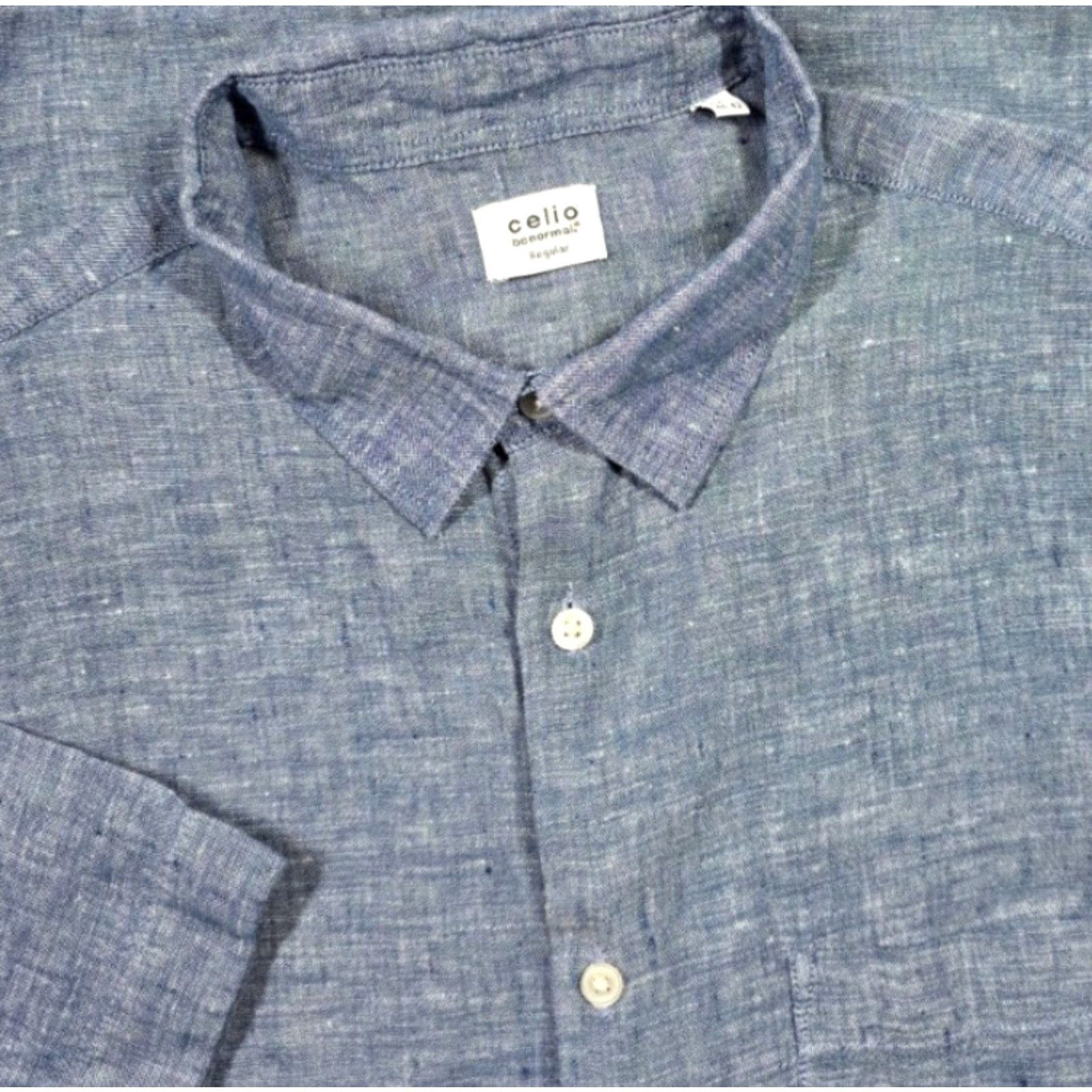 Celio CELIO Button-Up Shirt Mens Linen Blue Short Sleeve 16.5 Collar-Down Vintage? No Size US XL / EU 56 / 4 - 2 Thumbnail