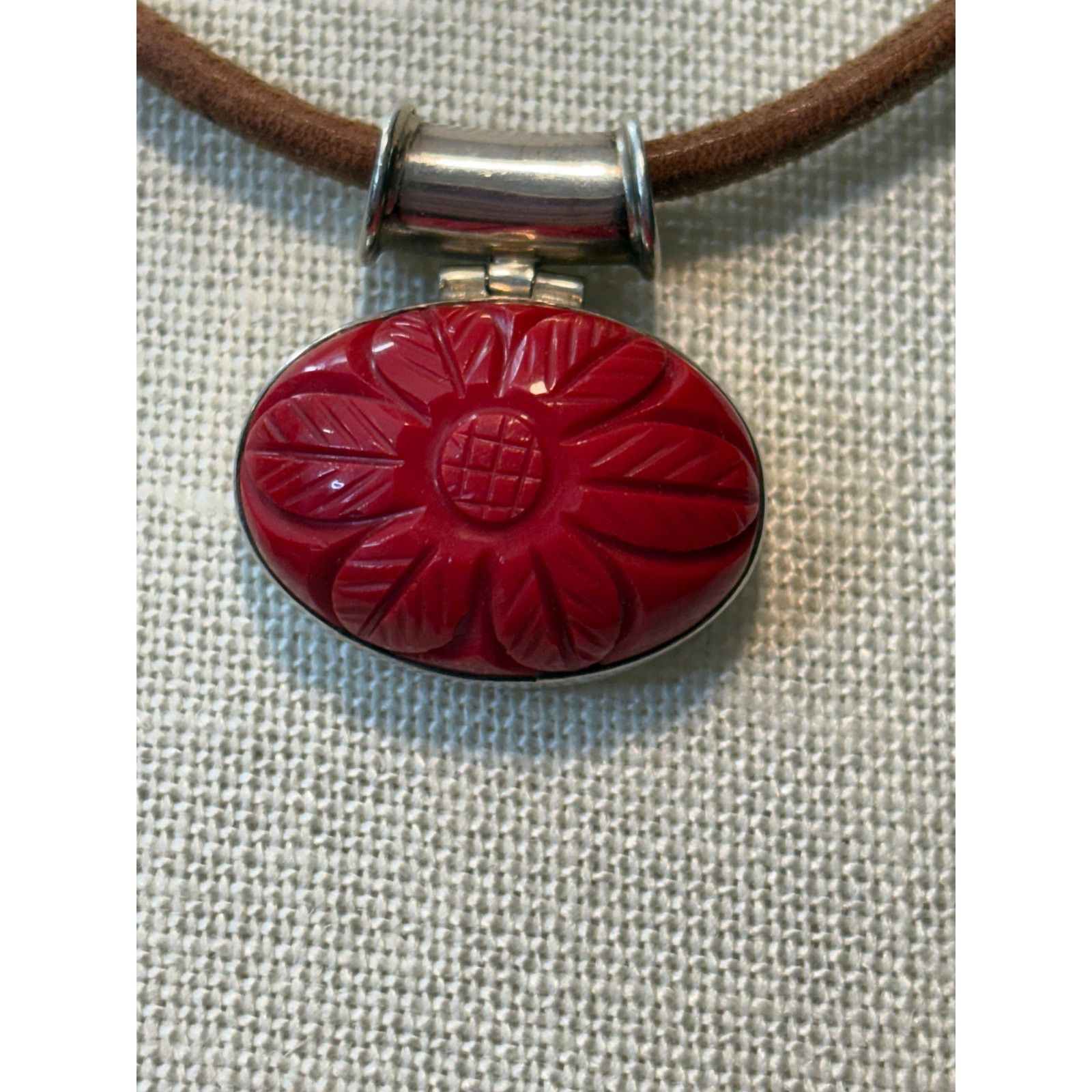 Other Sterling Silver Cinnabar Pendant Necklace on Leather Cord Size ONE SIZE - 1 Thumbnail