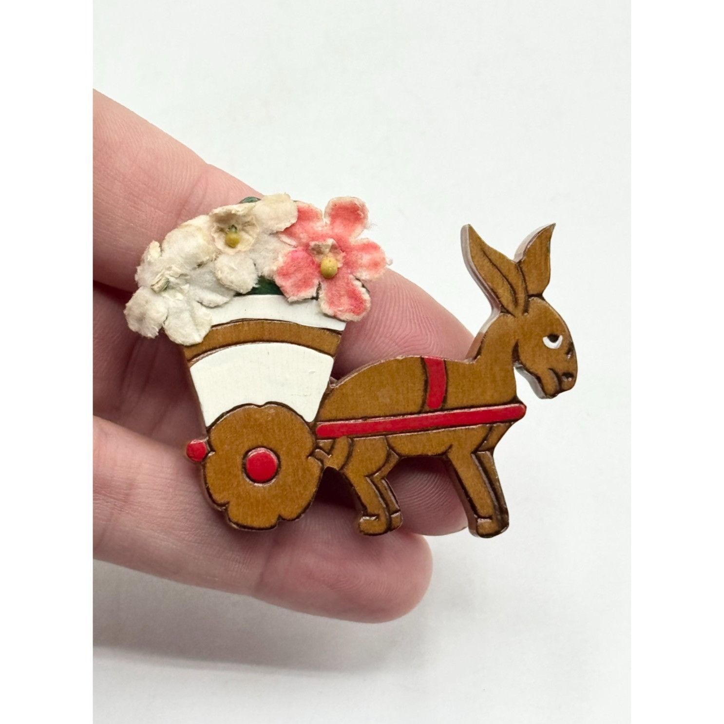 Vintage Estate vintage wooden donkey wagon flower brooch pin Size ONE SIZE - 1 Thumbnail